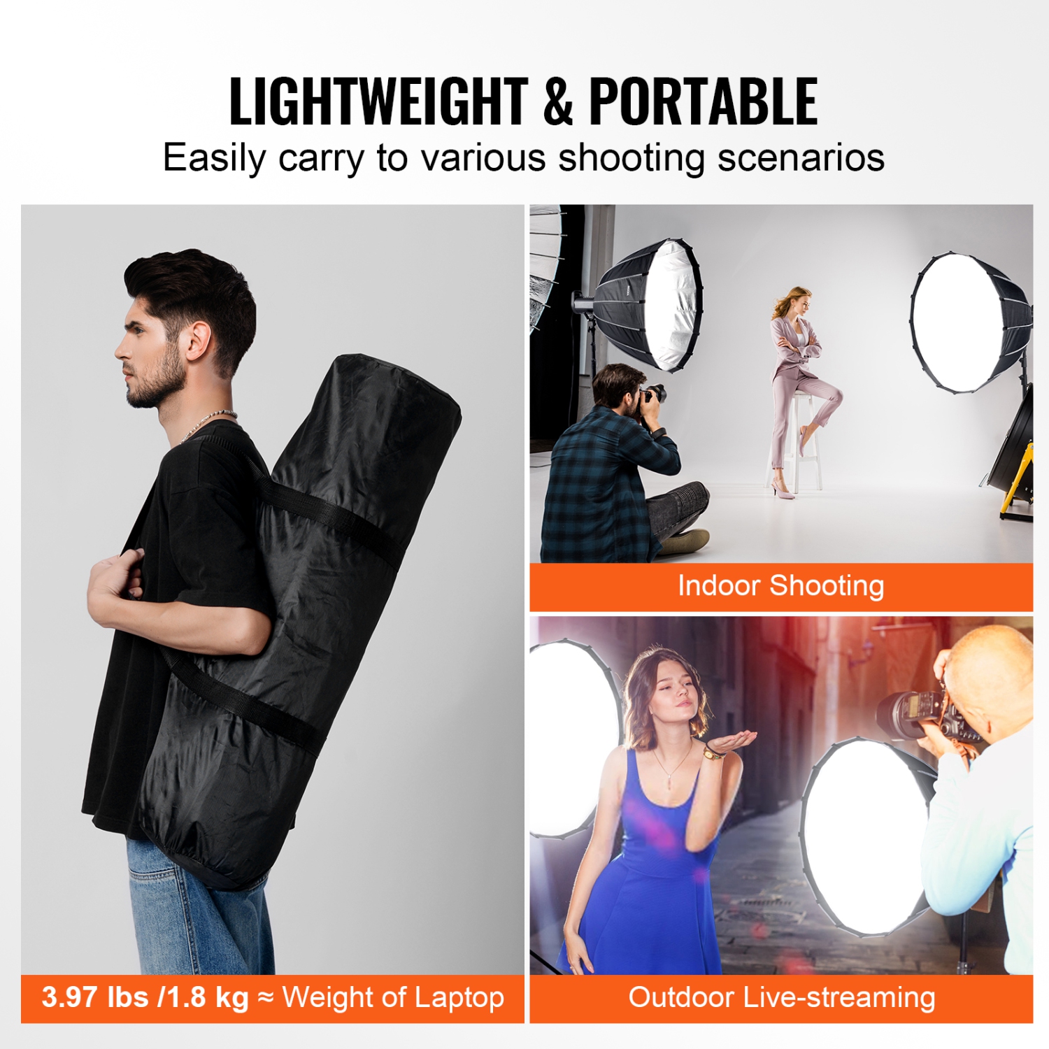 VEVOR 33 in / 850 mm Parabolic Softbox, Quick Release and Quick Fold, Lightweight and Portable, Universal Bowens Mount, 4 Lighting Effects, Fits for