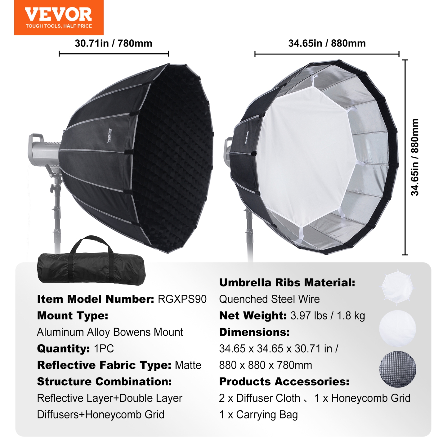 VEVOR 33 in / 850 mm Parabolic Softbox, Quick Release and Quick Fold, Lightweight and Portable, Universal Bowens Mount, 4 Lighting Effects, Fits for