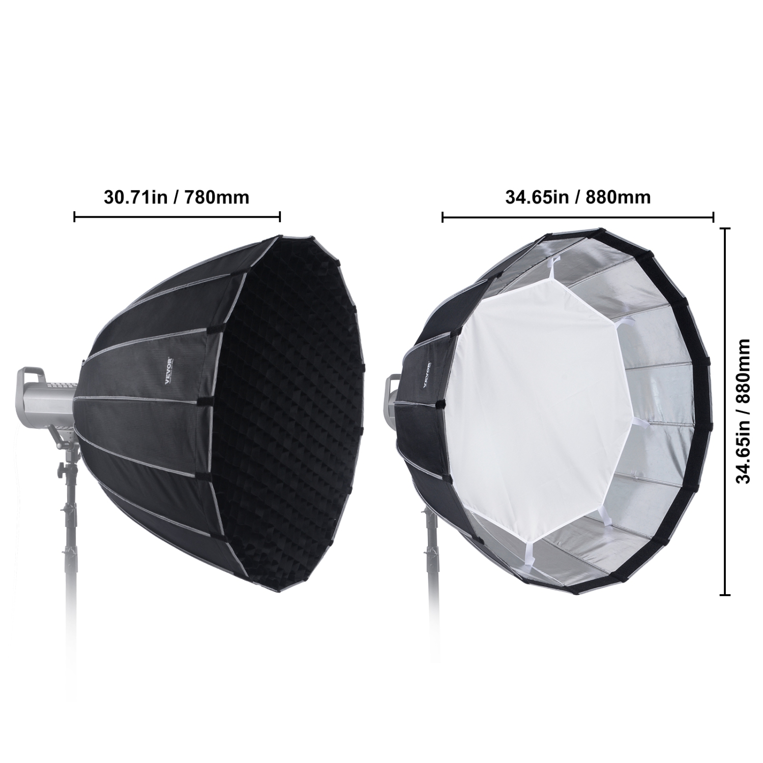 VEVOR 33 in / 850 mm Parabolic Softbox, Quick Release and Quick Fold, Lightweight and Portable, Universal Bowens Mount, 4 Lighting Effects, Fits for