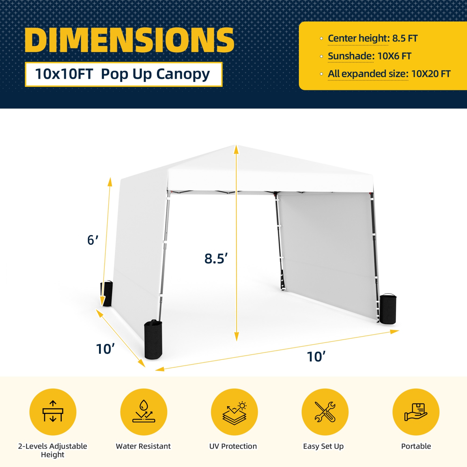 EROMMY 10x10 FT Pop Up Canopy Tent with 2 Sidewalls - Waterproof Instant Shelter for Outdoor Events, Farmers Markets, Backyard Parties - White