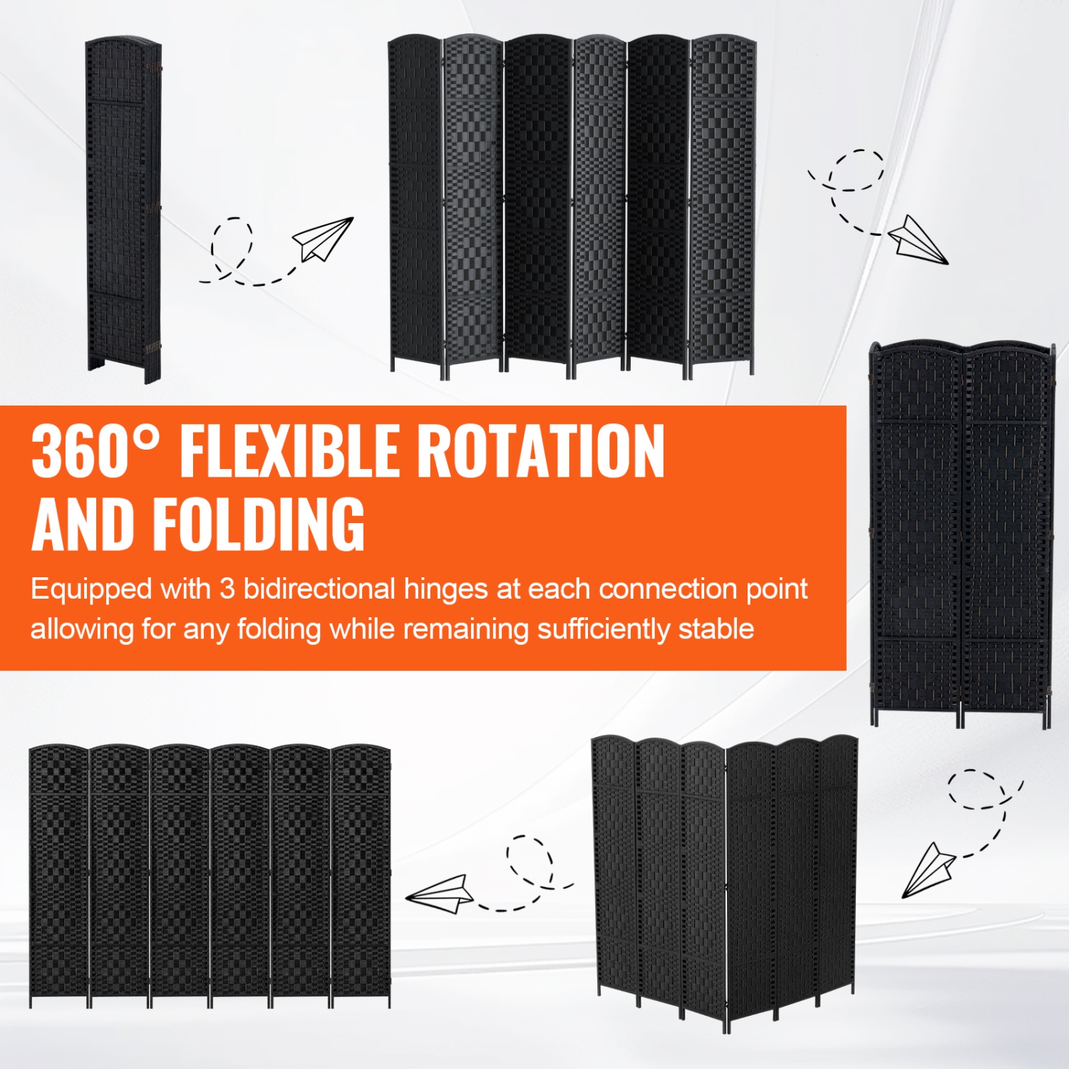 Séparateur de pièce VEVOR 6 panneaux, écrans d'intimité pliants tissés à la main avec charnières, séparateurs de pièce portatifs et autonomes et