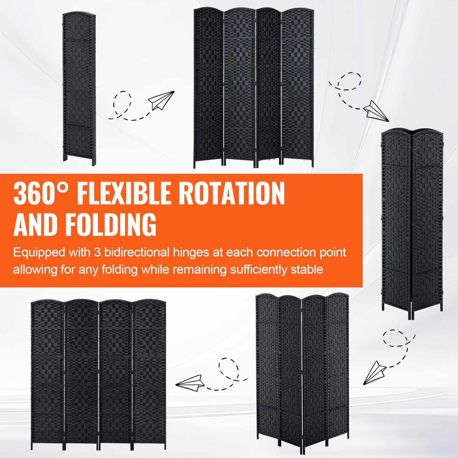 Séparateur de pièce VEVOR 4 panneaux, écrans d'intimité pliants tissés à la main avec charnières, séparateurs de pièce portatifs et autonomes et