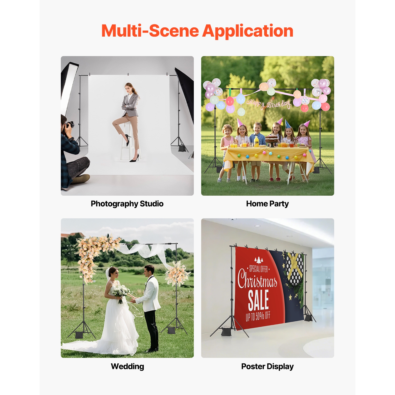 VEVOR 7 x 10 ft Backdrop Stand, Adjustable Photo Backdrop Stand Kit, Portable Background Backdrop Stand with 3 Crossbars, Heavy Duty Projector Screen