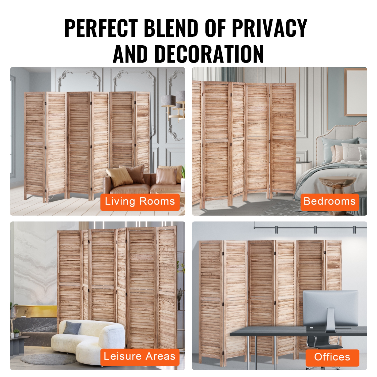 VEVOR 6 Panel Wood Room Divider, Wood Folding Privacy Screen, 66.9 Inches&nbsp;Tall Indoor Louvered Partition Divider, Portable Decoration Screen,