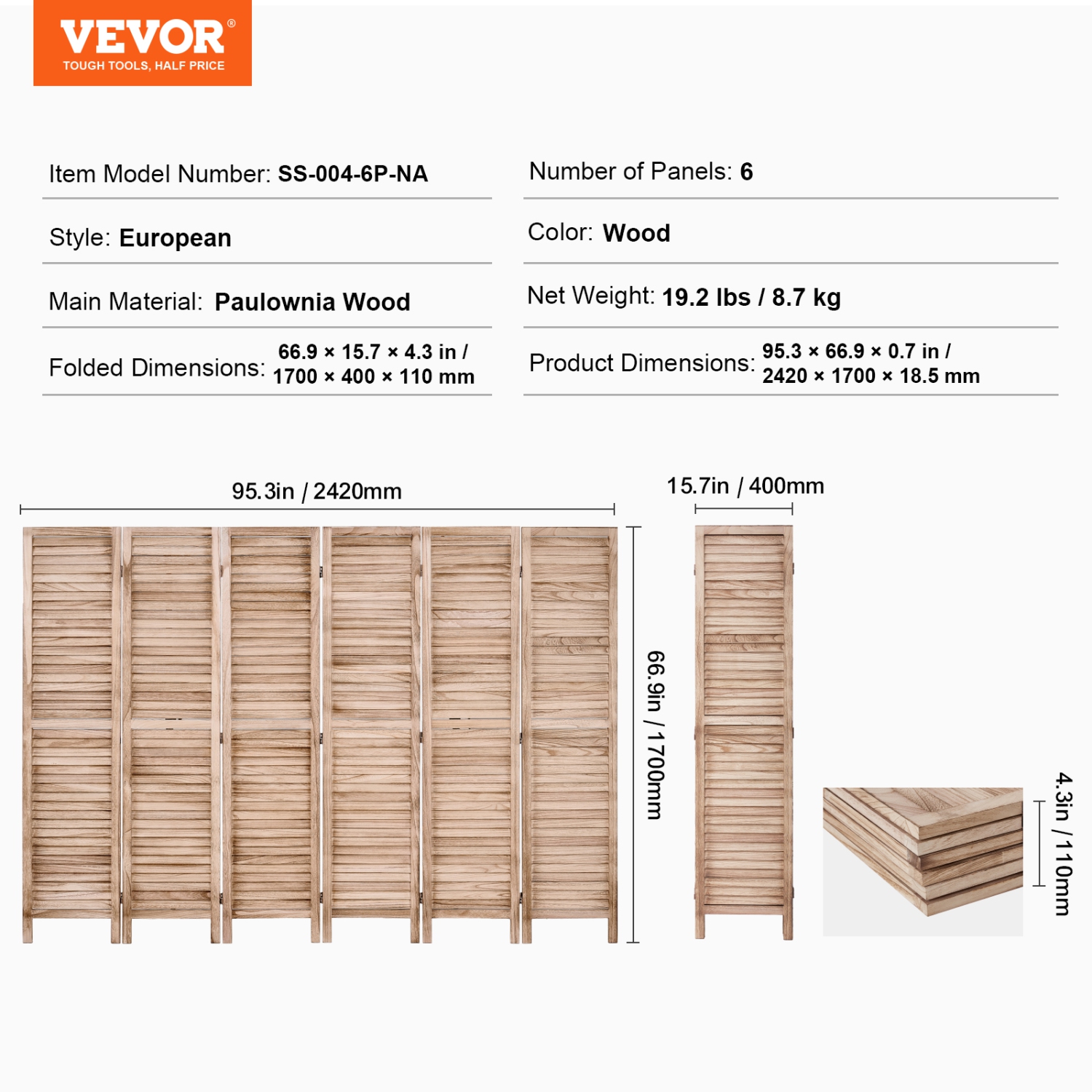 VEVOR 6 Panel Wood Room Divider, Wood Folding Privacy Screen, 66.9 Inches&nbsp;Tall Indoor Louvered Partition Divider, Portable Decoration Screen,