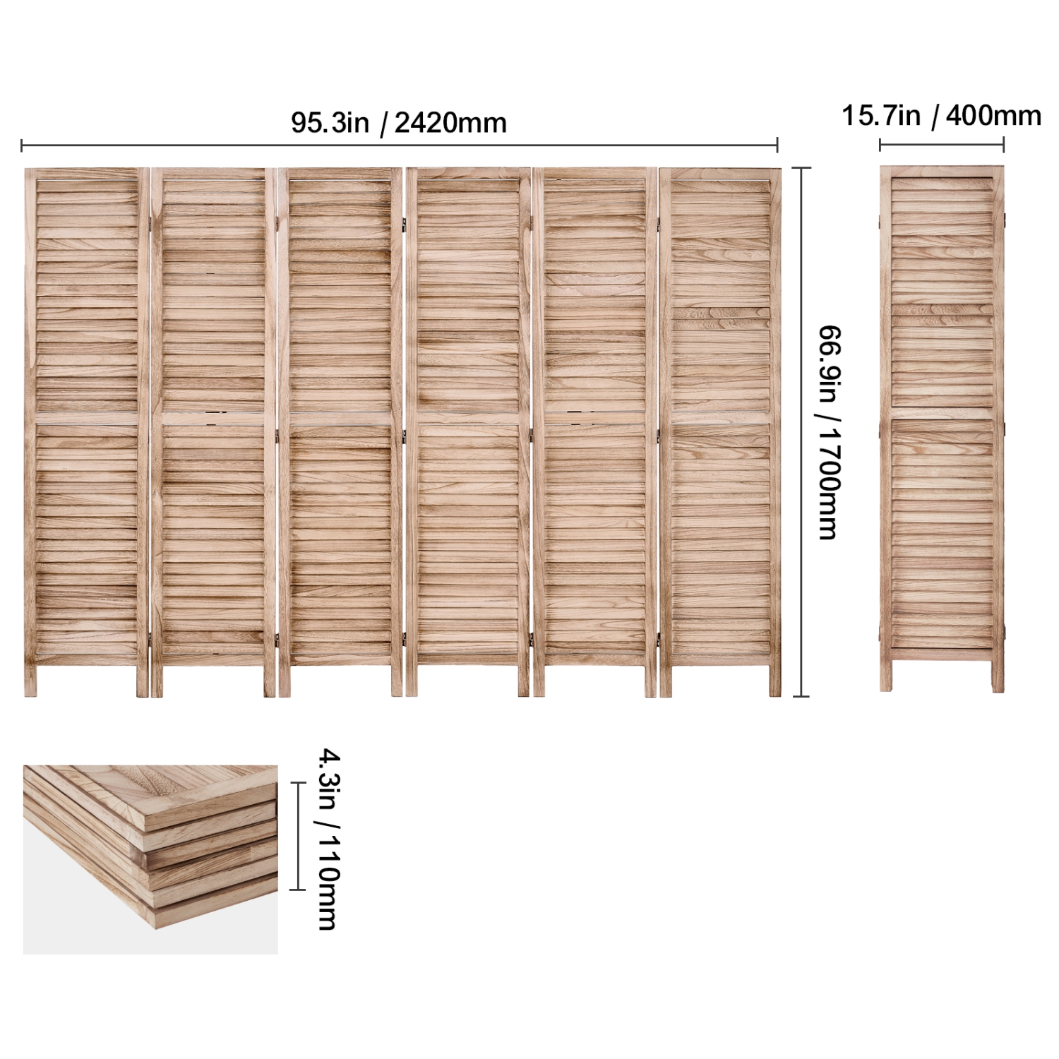 VEVOR 6 Panel Wood Room Divider, Wood Folding Privacy Screen, 66.9 Inches&nbsp;Tall Indoor Louvered Partition Divider, Portable Decoration Screen,