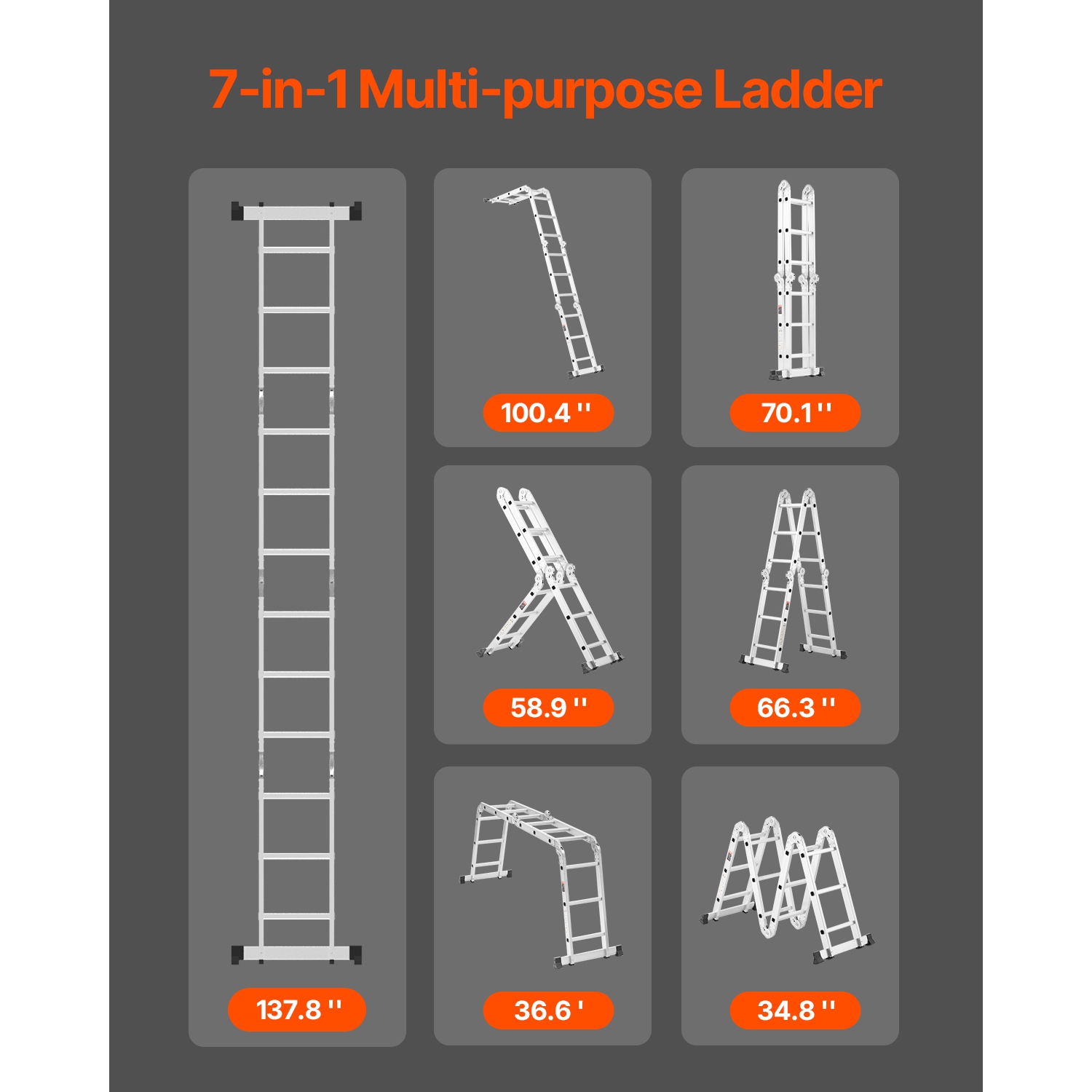 VEVOR 7-in-1 Tall Step Ladder, A Frame 3 Step Adjustable Telescoping Ladder, 12ft Reach Height Heavy Duty Extension Ladder, 330 lbs Capacity for