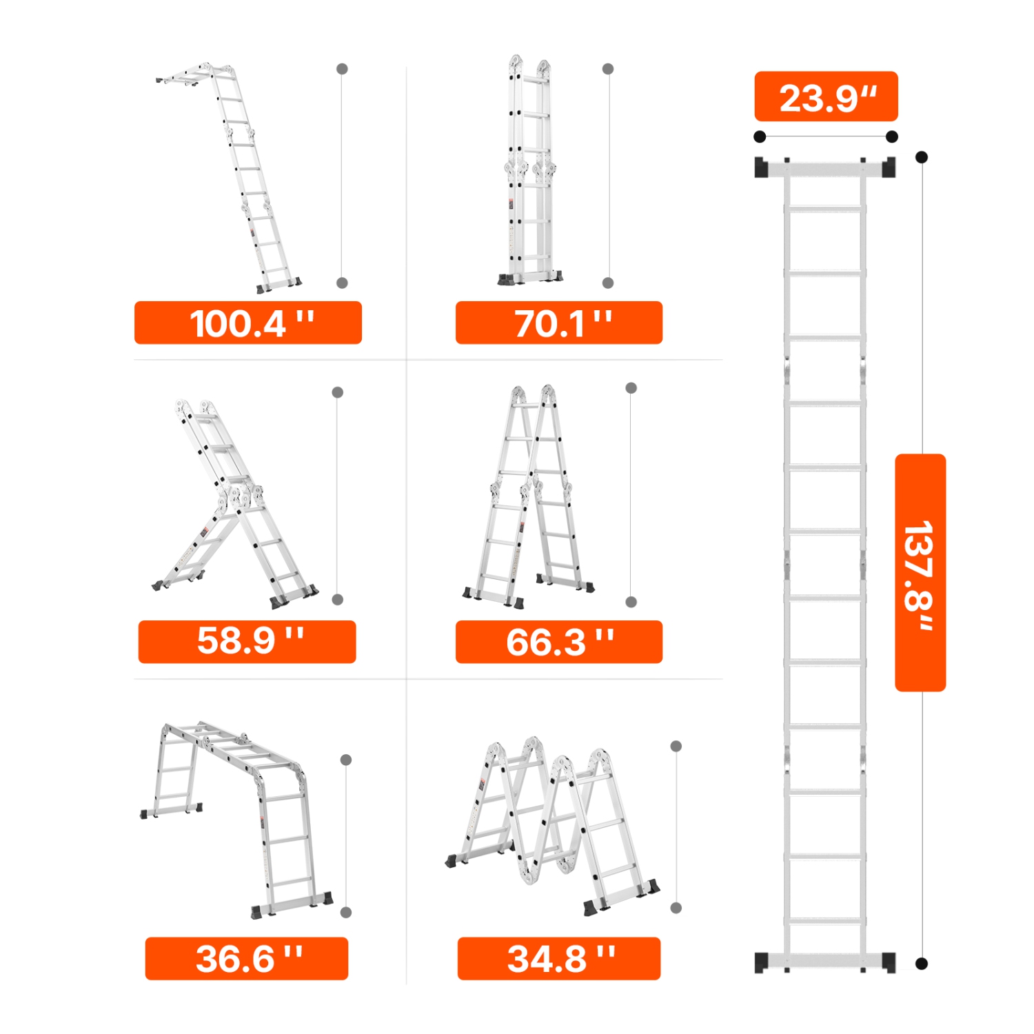 VEVOR 7-in-1 Tall Step Ladder, A Frame 3 Step Adjustable Telescoping Ladder, 12ft Reach Height Heavy Duty Extension Ladder, 330 lbs Capacity for