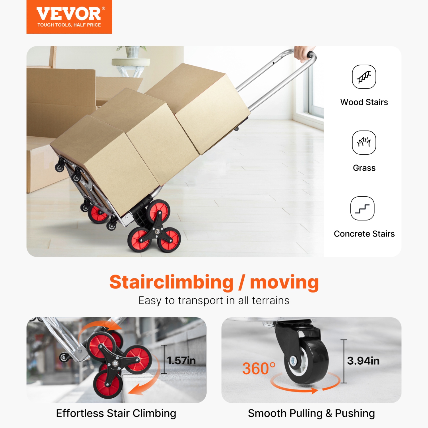 VEVOR 260 lbs Capacity Stair Climber Hand Truck and Dolly, Heavy-Duty Folding Trolley Cart with Telescoping Handle, 10 Wheels & 2 Elastic Ropes for