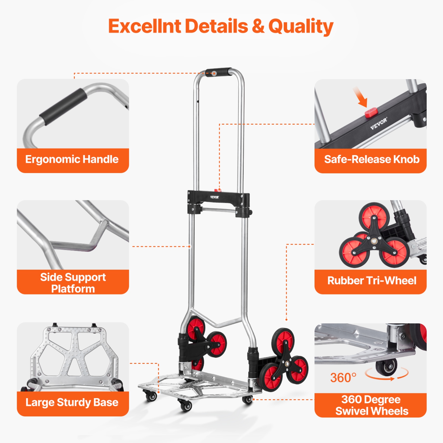 VEVOR 260 lbs Capacity Stair Climber Hand Truck and Dolly, Heavy-Duty Folding Trolley Cart with Telescoping Handle, 10 Wheels & 2 Elastic Ropes for