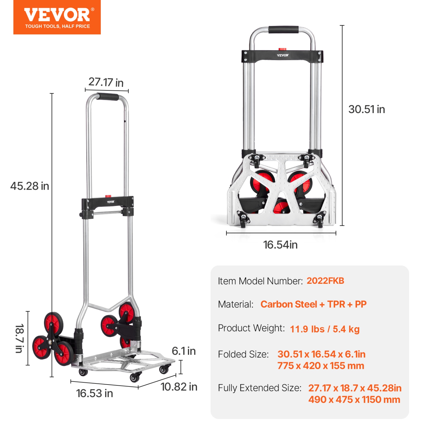 VEVOR 260 lbs Capacity Stair Climber Hand Truck and Dolly, Heavy-Duty Folding Trolley Cart with Telescoping Handle, 10 Wheels & 2 Elastic Ropes for