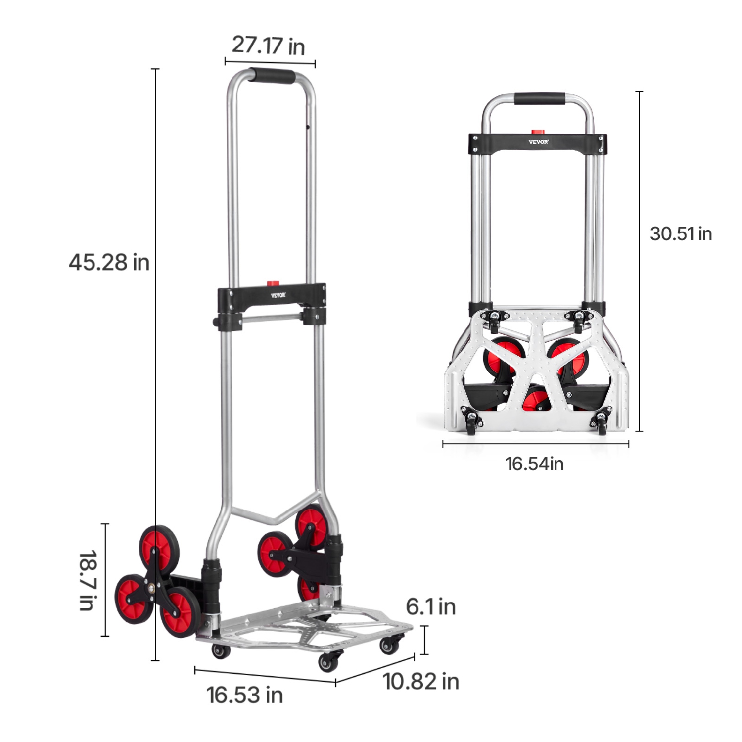 VEVOR 260 lbs Capacity Stair Climber Hand Truck and Dolly, Heavy-Duty Folding Trolley Cart with Telescoping Handle, 10 Wheels & 2 Elastic Ropes for