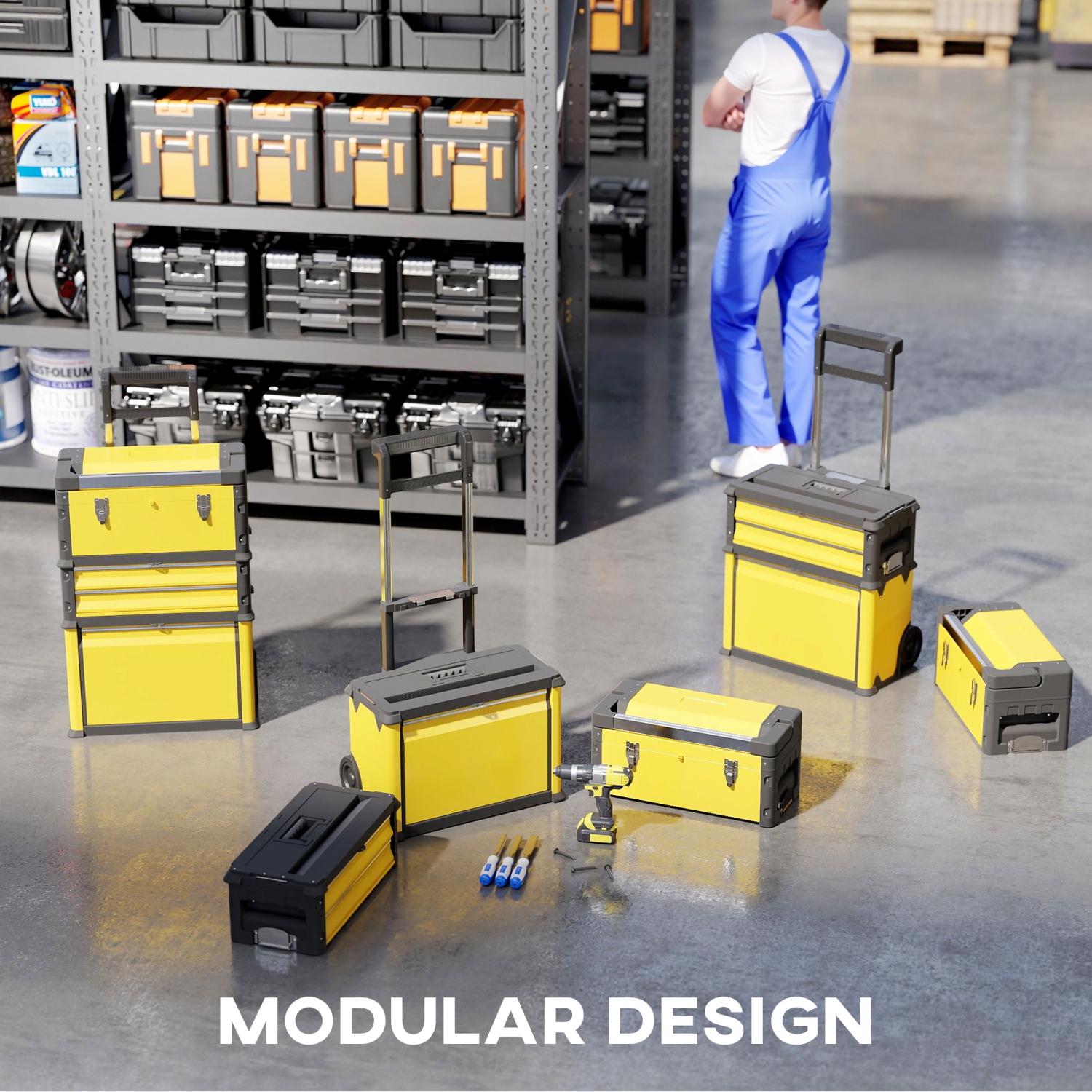 HOMCOM 3-in-1 Rolling Tool Box, Stackable, Modular Powder Coated Steel Toolbox with Tray, Handles, Latches, Wheels, Heavy Duty Tool Storage System