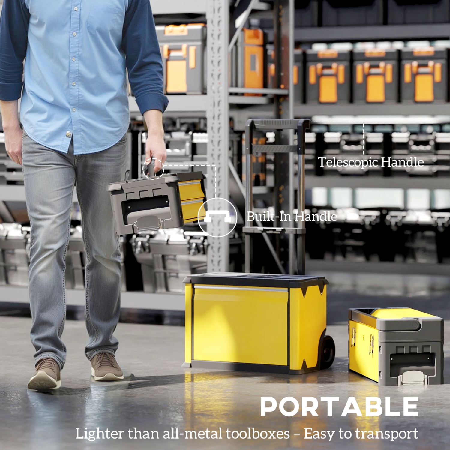 HOMCOM 3-in-1 Rolling Tool Box, Stackable, Modular Powder Coated Steel Toolbox with Tray, Handles, Latches, Wheels, Heavy Duty Tool Storage System