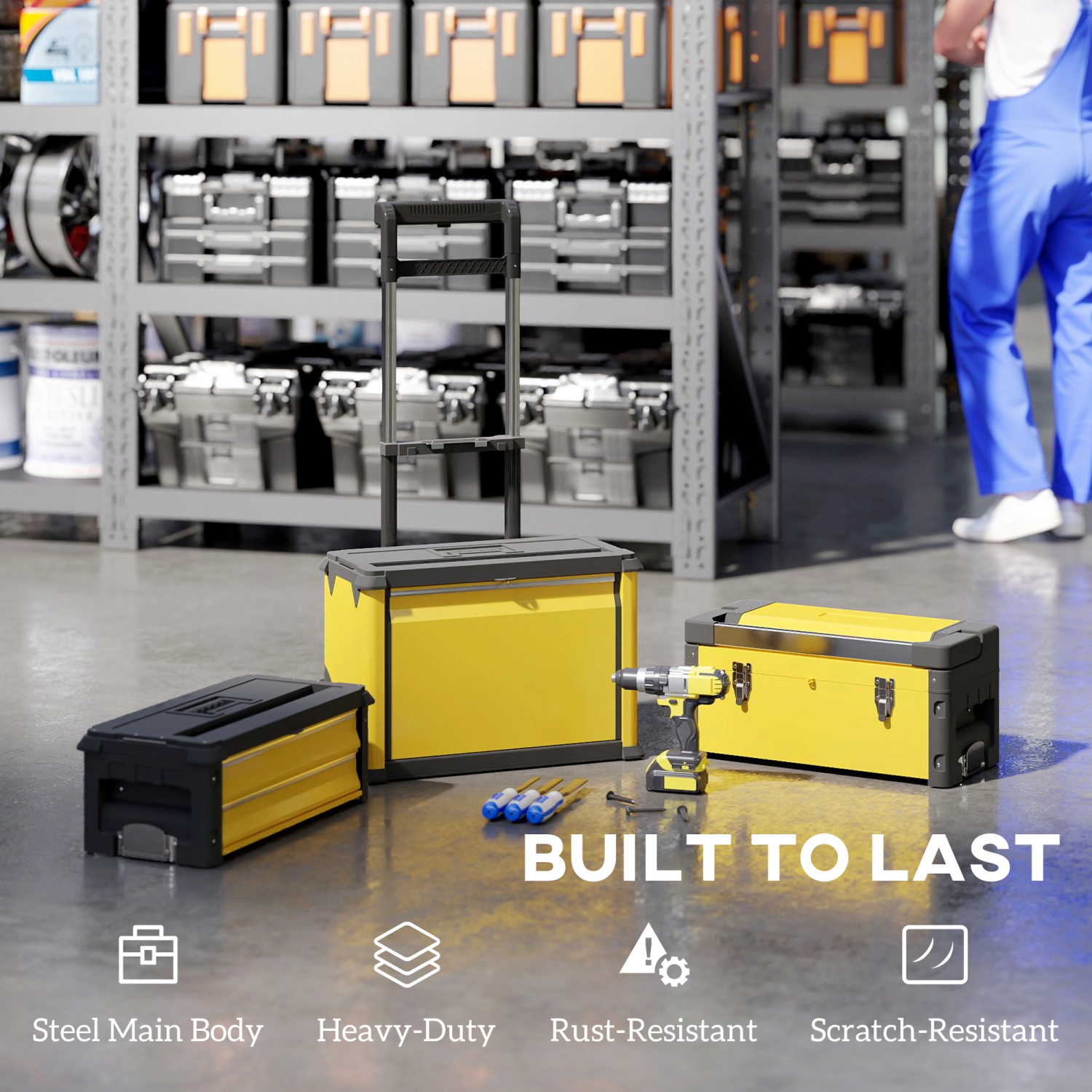 HOMCOM 3-in-1 Rolling Tool Box, Stackable, Modular Powder Coated Steel Toolbox with Tray, Handles, Latches, Wheels, Heavy Duty Tool Storage System