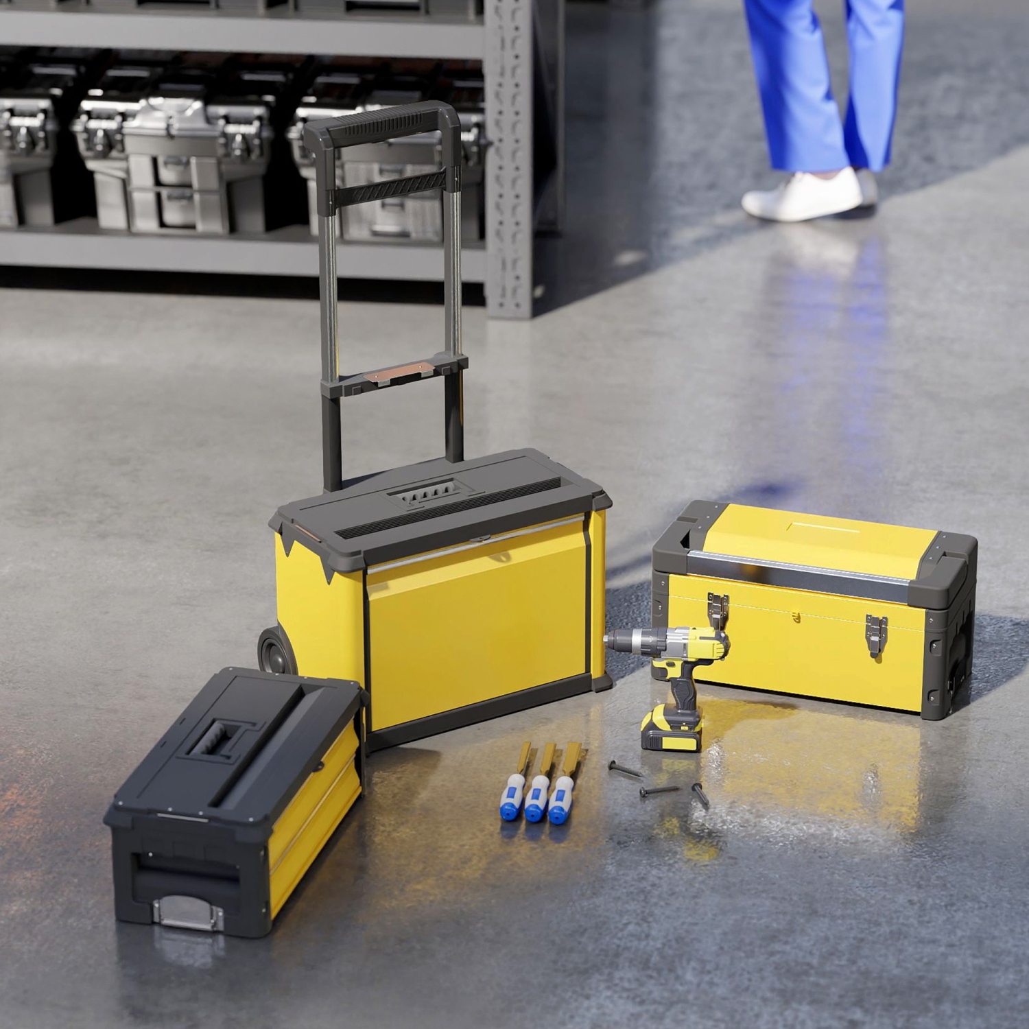 HOMCOM 3-in-1 Rolling Tool Box, Stackable, Modular Powder Coated Steel Toolbox with Tray, Handles, Latches, Wheels, Heavy Duty Tool Storage System