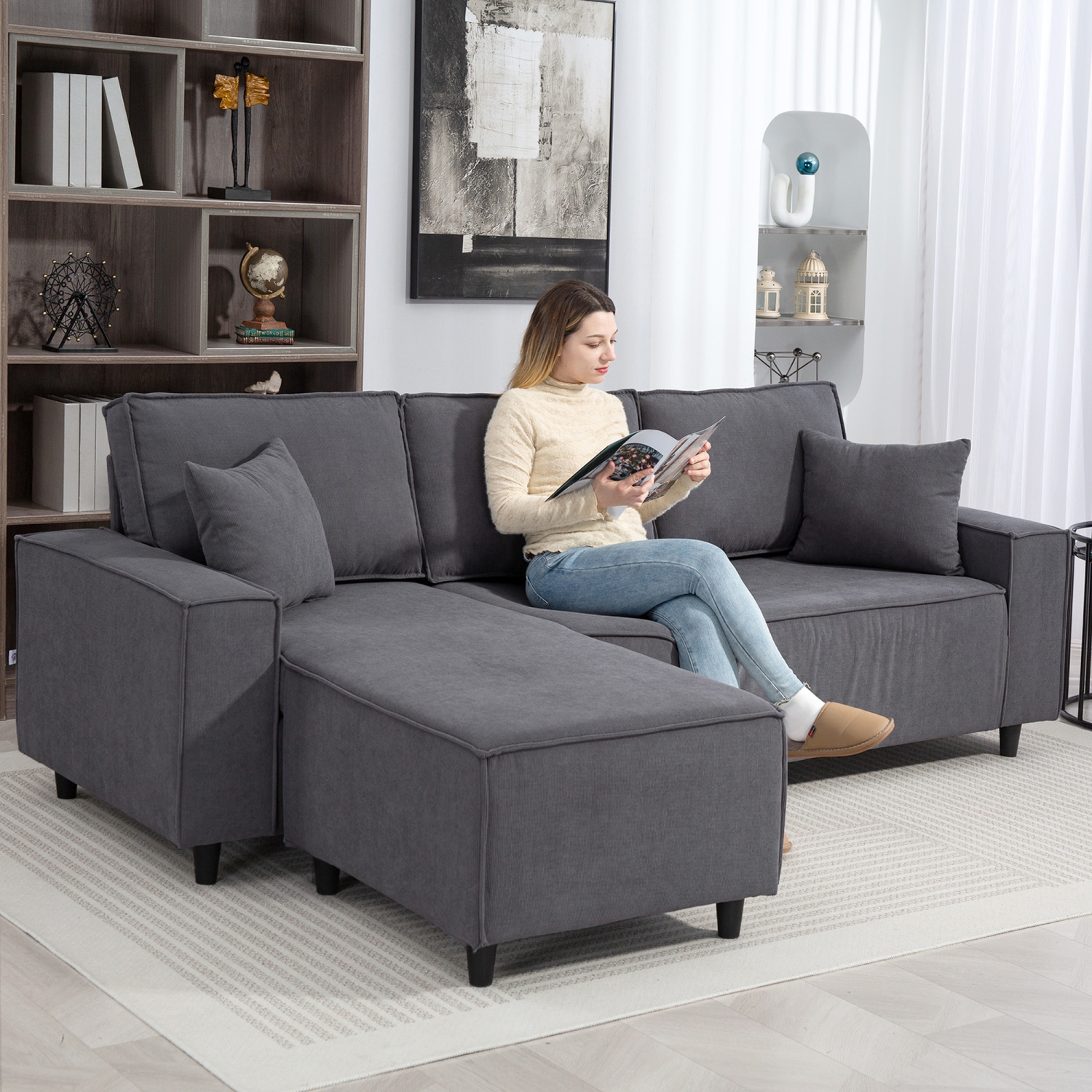 HOMCOM – Canapé modulaire avec chaise longue ajustable, canapé en coin en L de 95&nbsp;po en velours côtelé, ressorts ensachés, 2 oreillers, canapé 3