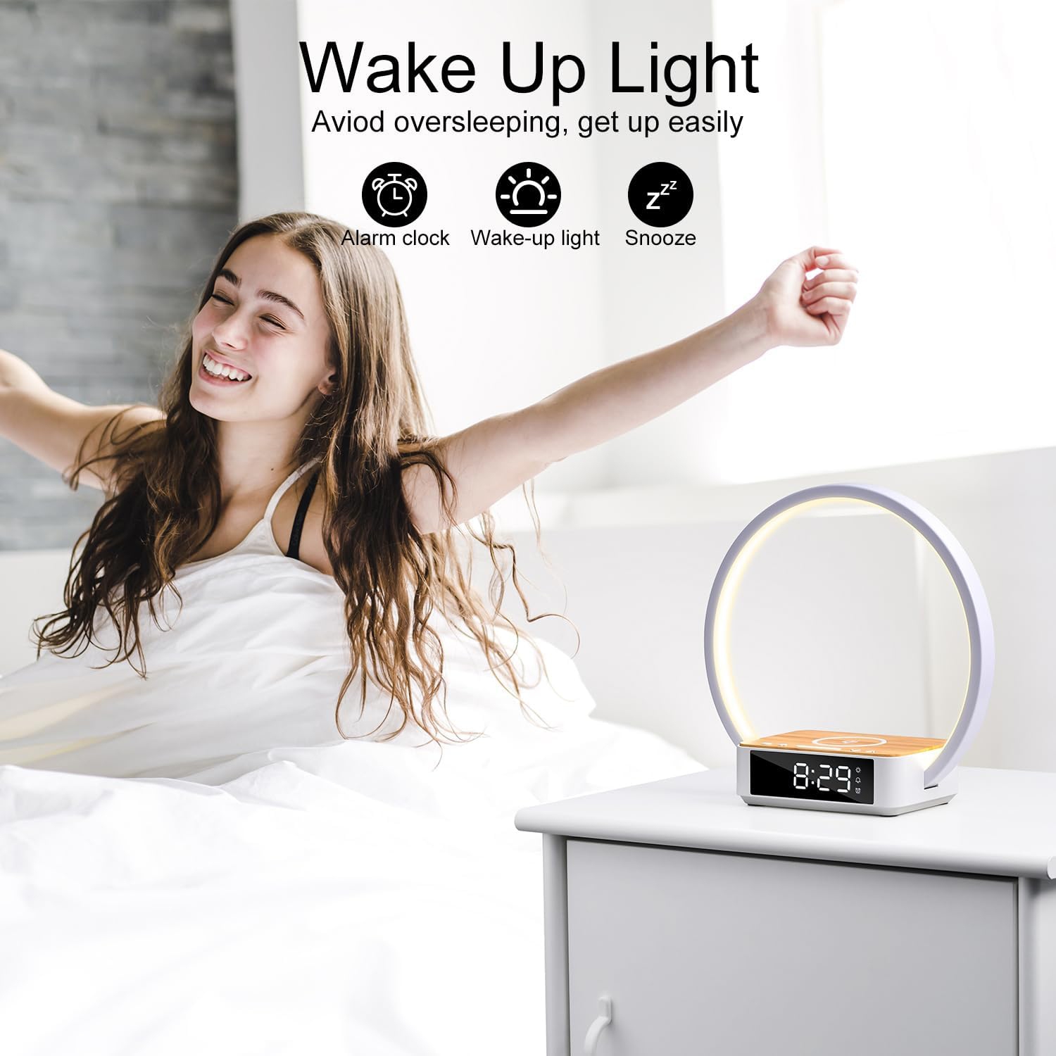 Bedside Table Lamp with Fast Wireless Charging,LED Desk Lamp with sunrise Alarm Clock Wake-up Light Touch Control Desk Lamp