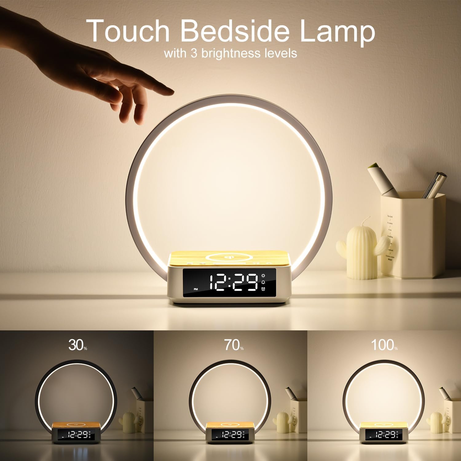 Bedside Table Lamp with Fast Wireless Charging,LED Desk Lamp with sunrise Alarm Clock Wake-up Light Touch Control Desk Lamp