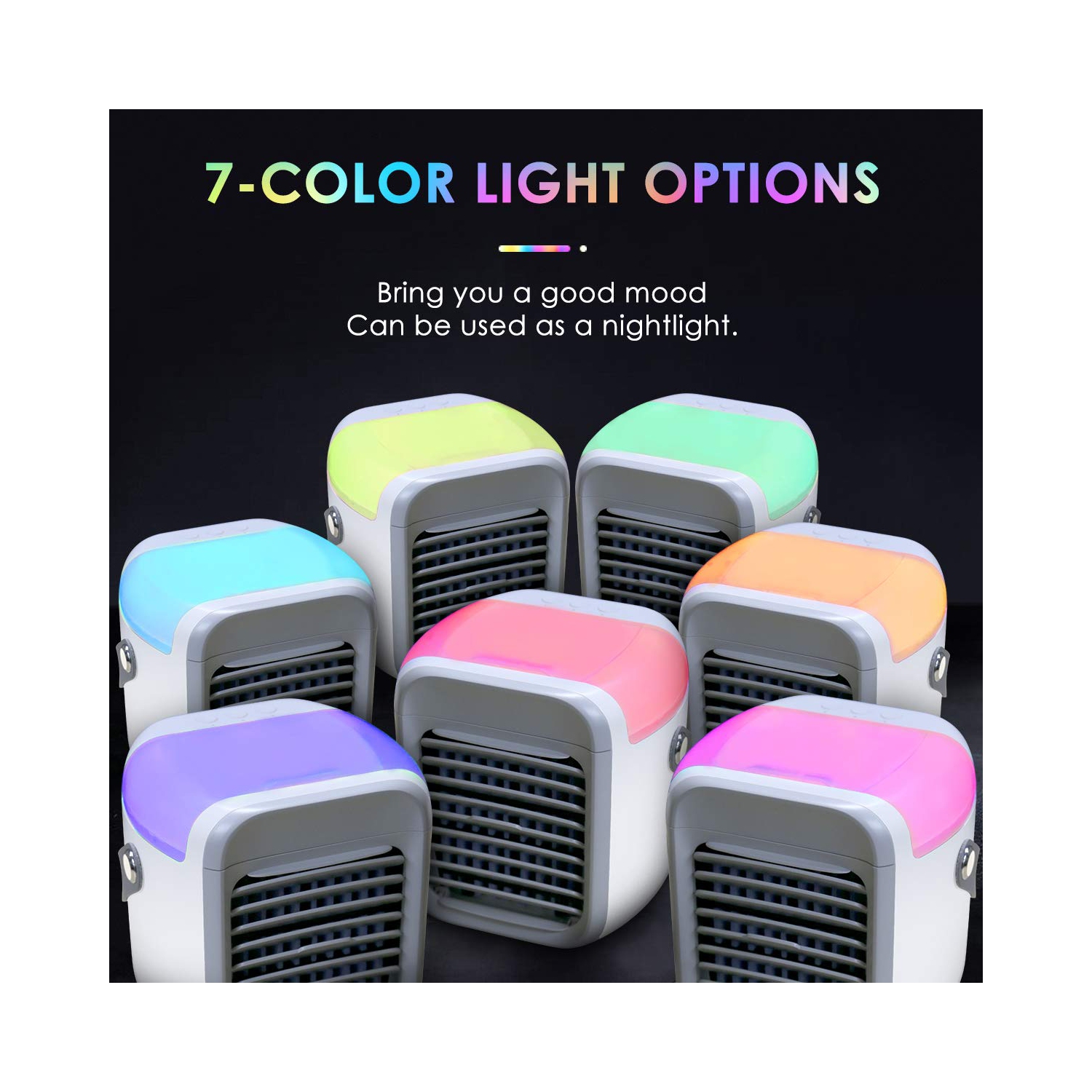 Ventilateur portatif, ventilateur de climatiseur par évaporation rechargeable à 3 vitesses, 7 couleurs, refroidisseur d'air personnel sans fil pour