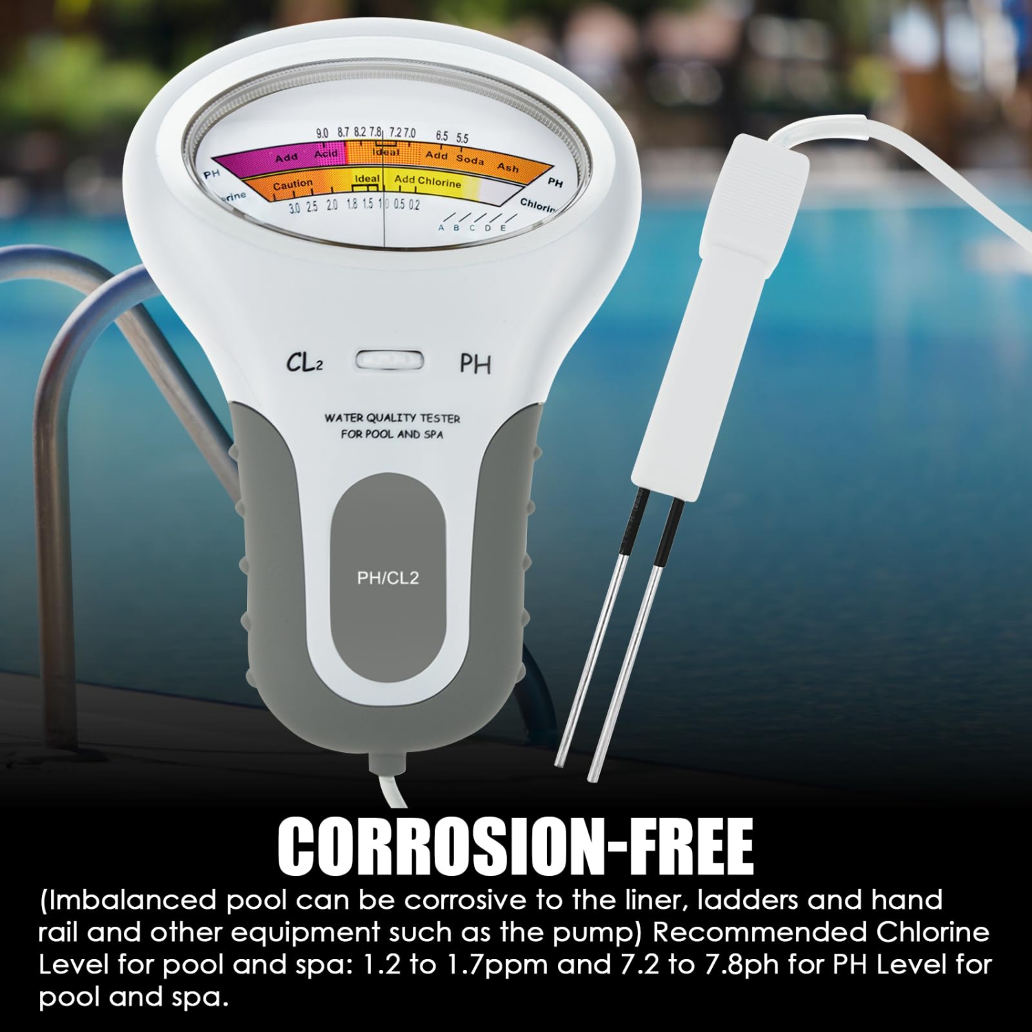 2 in 1 Water Quality Tester Dual Scale PH and Chlorine Level CL2 Tester Meter for Swimming Pool,Hydroponics, Pools, Spas