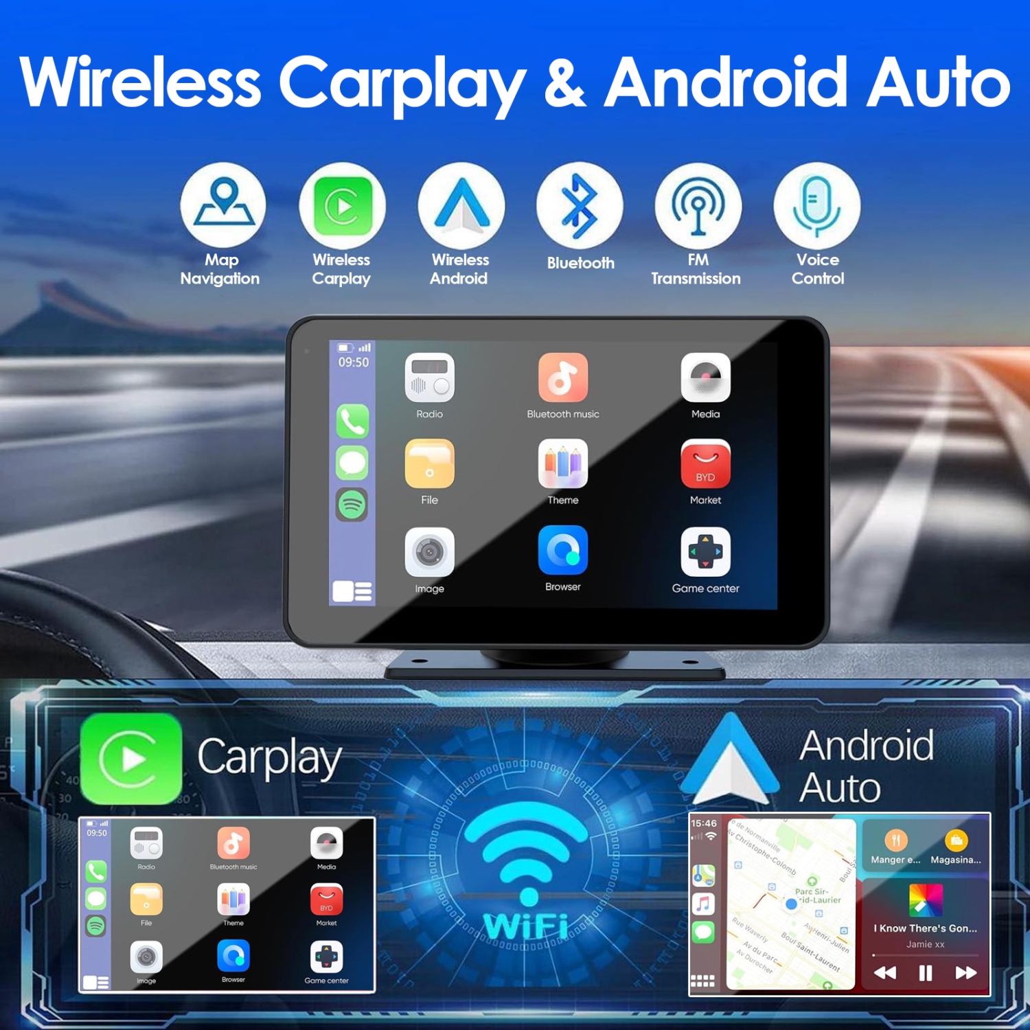 Navigation Carplay Screen for Car, 7" HD Portable Car Stereo Touch Screen with Wireless Android Auto, Voice Control, Bluetooth,Navigation
