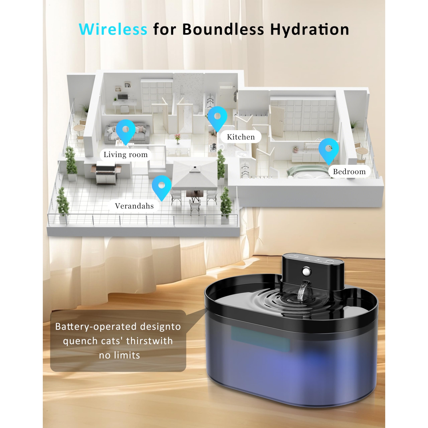 Wireless Cats Fountain Battery Operated Automatic Water Dispenser 2.2L Capcacity