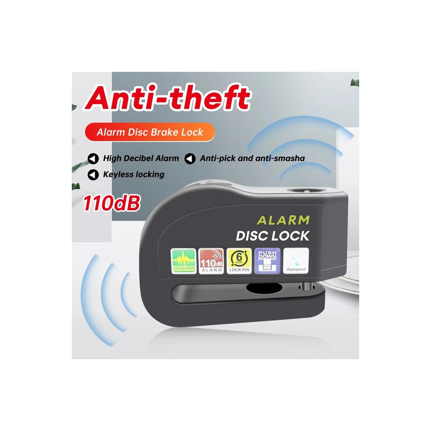 Disc Brake Lock, Extra Strong 110db Alarm Anti-Theft Motorcycle/Bicycle Lock, Heavy Duty Security Disc Lock with Key for Motorcycles, Scooters and