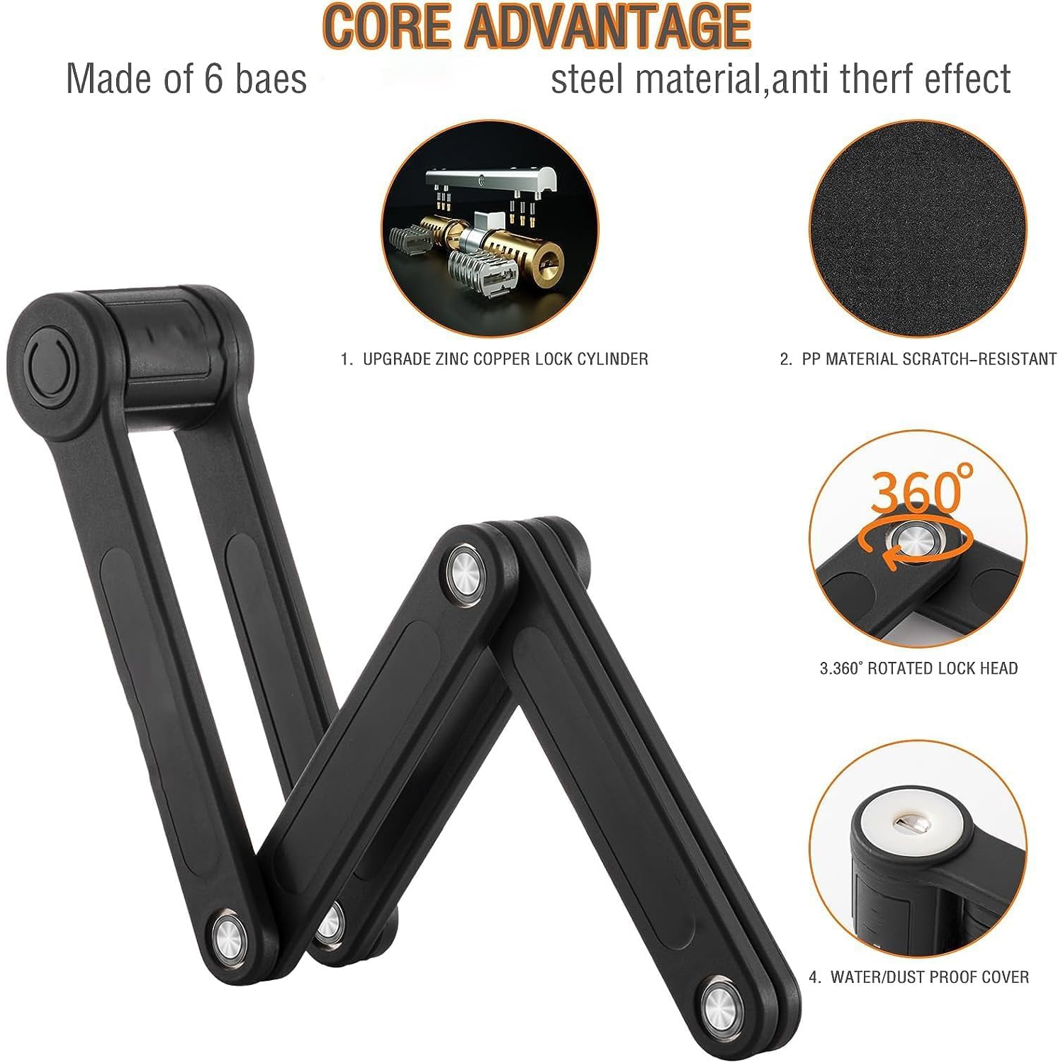 Cadenas pour vélo Trottinette pour moto avec verrou pliable à 2 clés, chaîne pliable en acier allié robuste