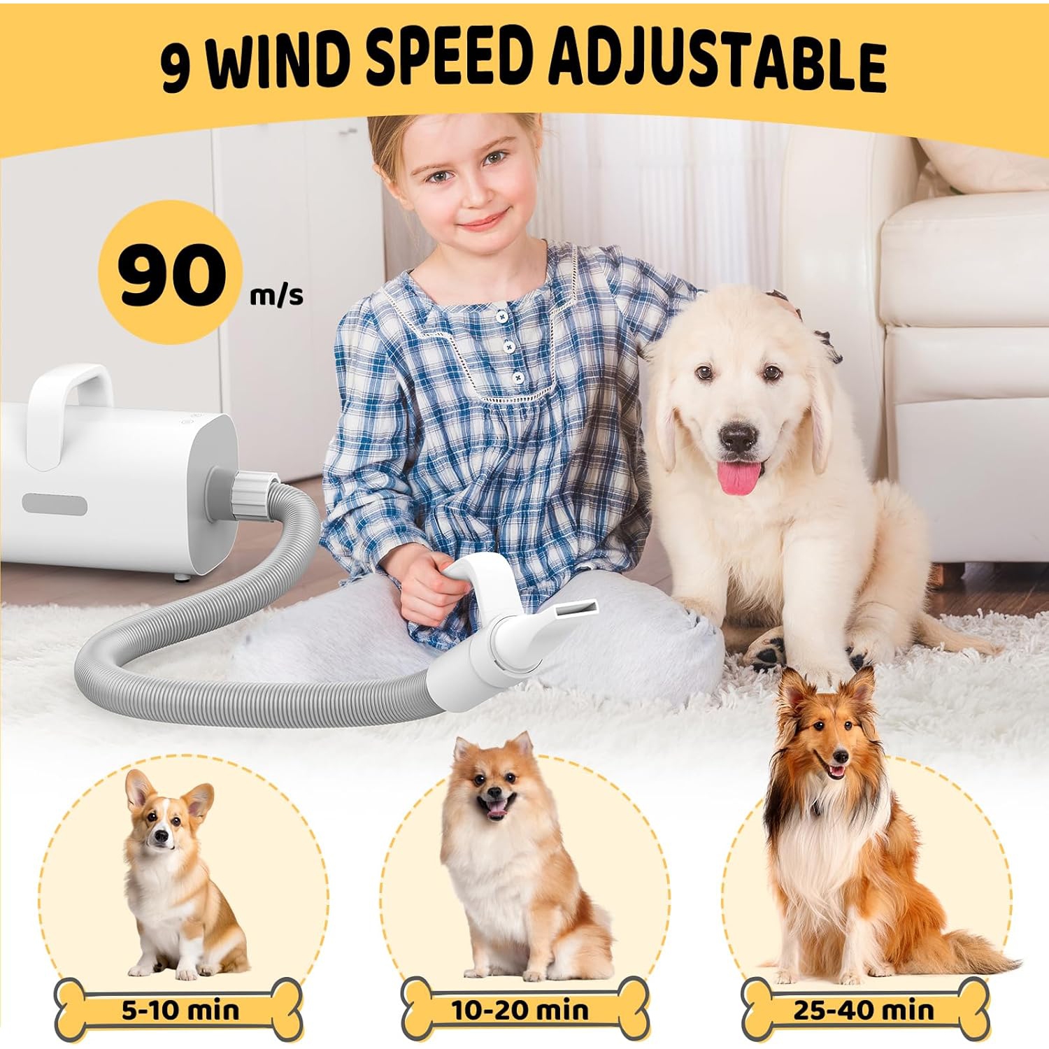 9-Speed Pro Dog Dryer - 300ft/s High-Speed, 70dB Quiet, 4 Nozzles & Negative Ion - Fast Drying for Small/Large Breeds with Smart Handle Design