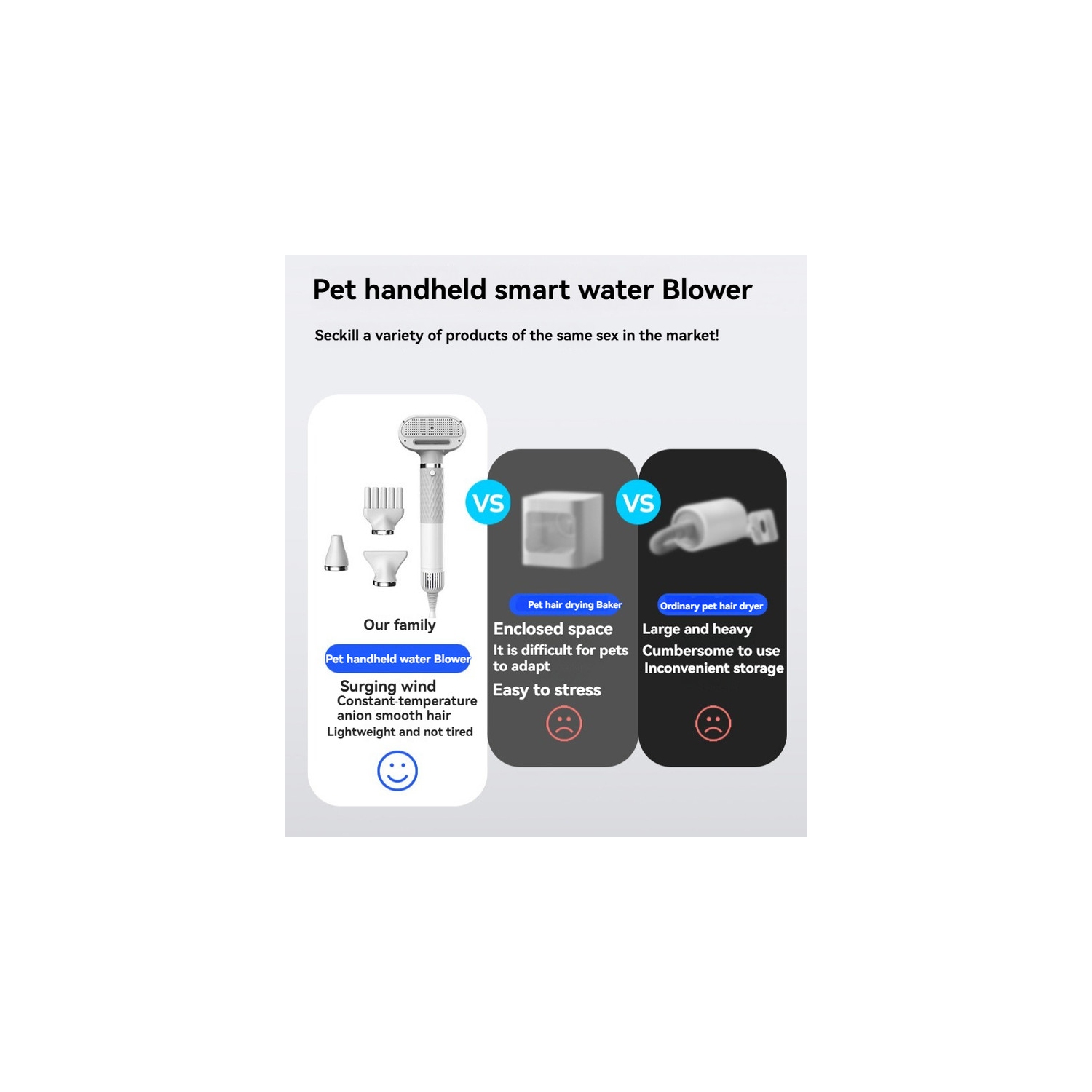 Multifunctional pet hair dryer Brushless motor/4 wind head styles/intelligent temperature control/negative ion hair protection/ultra-quiet