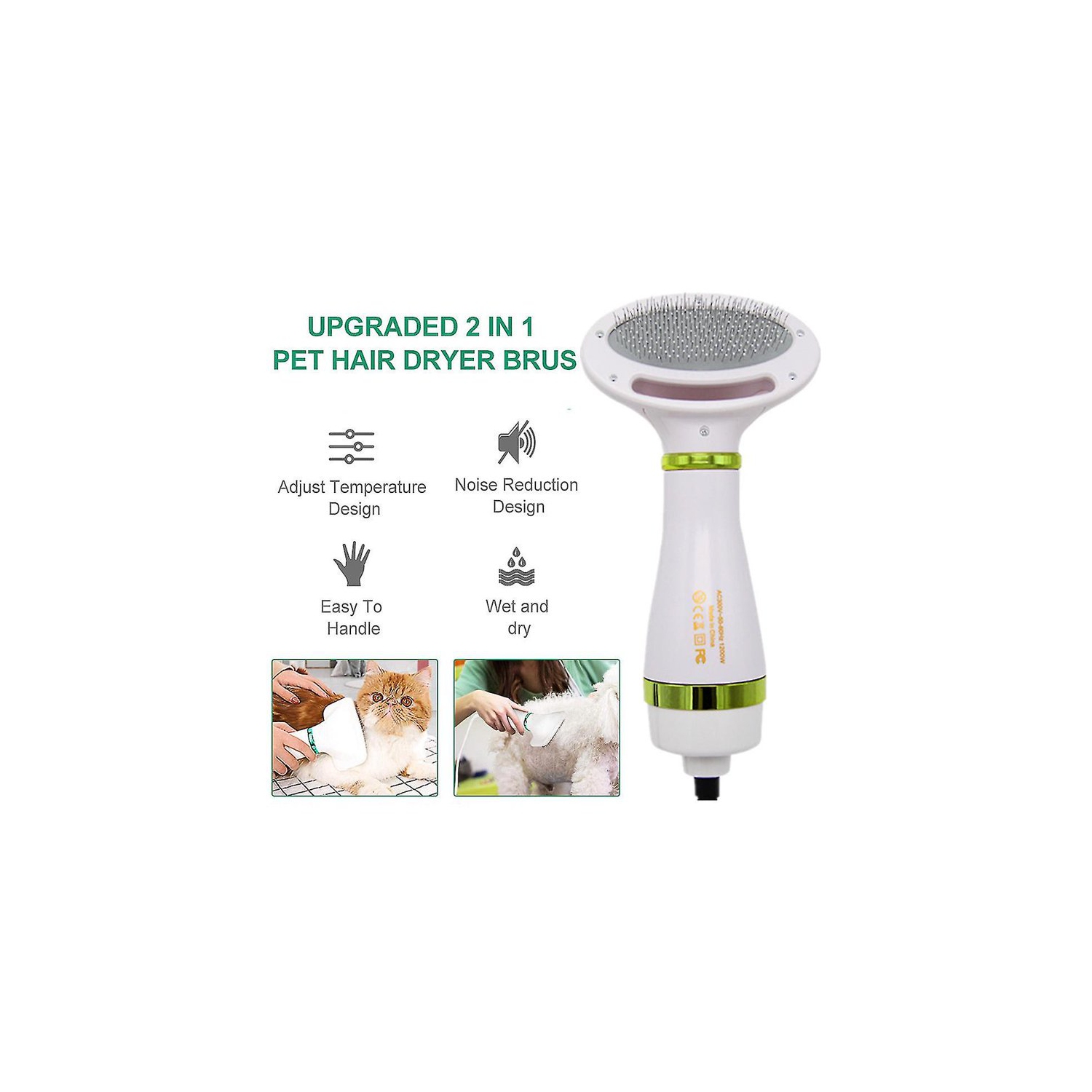 2-in-1 Pet Hair Dryer & Brush - 3 Temp Settings, 60dB Quiet, Safe for Dogs/Cats - Detangle & Dry Fast with Ergonomic Design