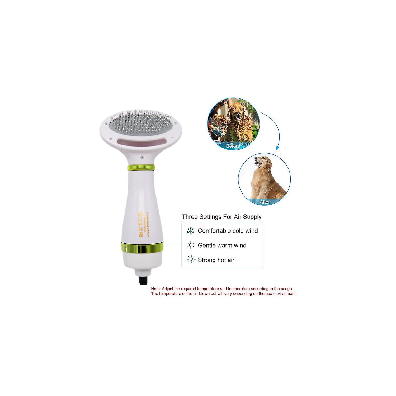 2-in-1 Pet Hair Dryer & Brush - 3 Temp Settings, 60dB Quiet, Safe for Dogs/Cats - Detangle & Dry Fast with Ergonomic Design