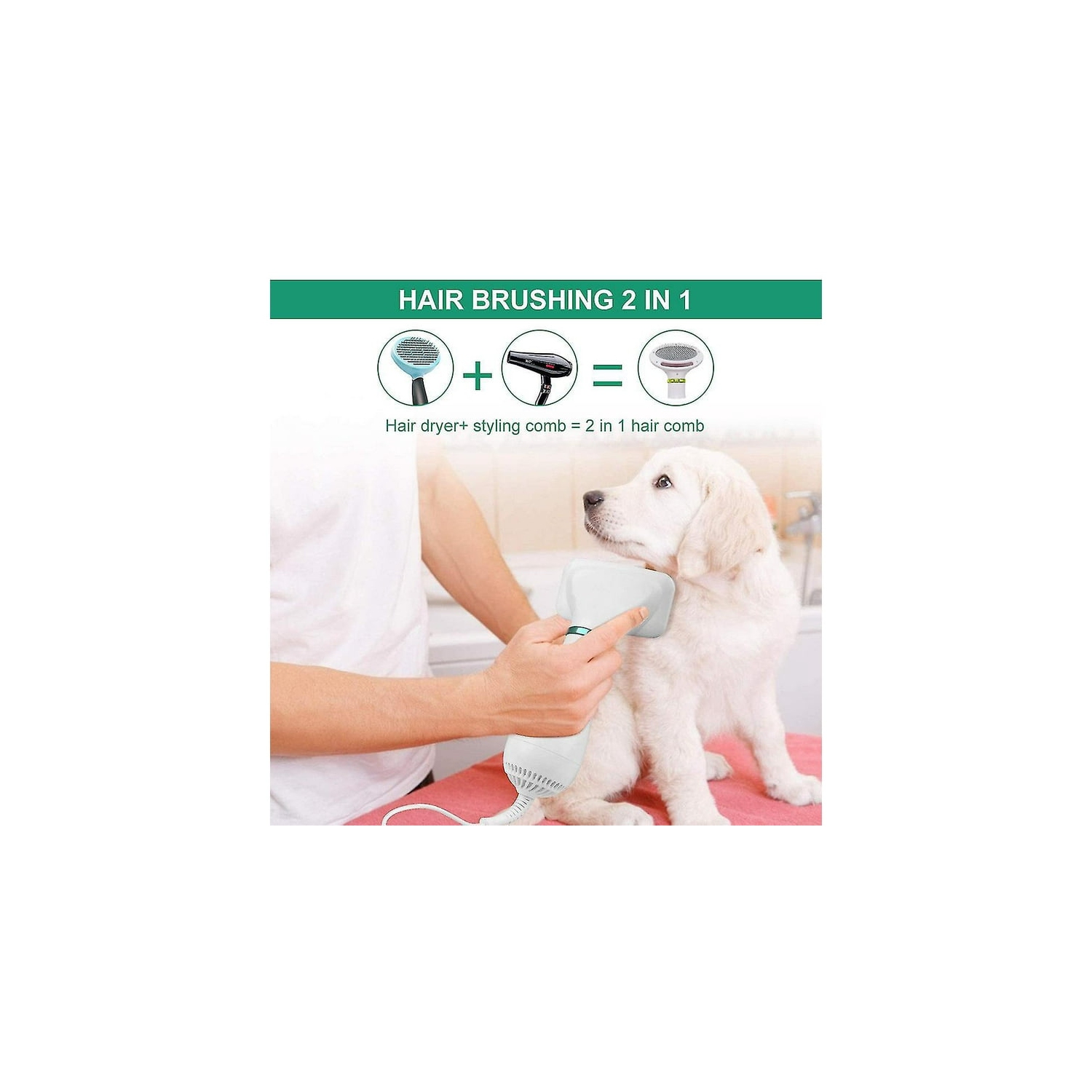 2-in-1 Pet Hair Dryer & Brush - 3 Temp Settings, 60dB Quiet, Safe for Dogs/Cats - Detangle & Dry Fast with Ergonomic Design