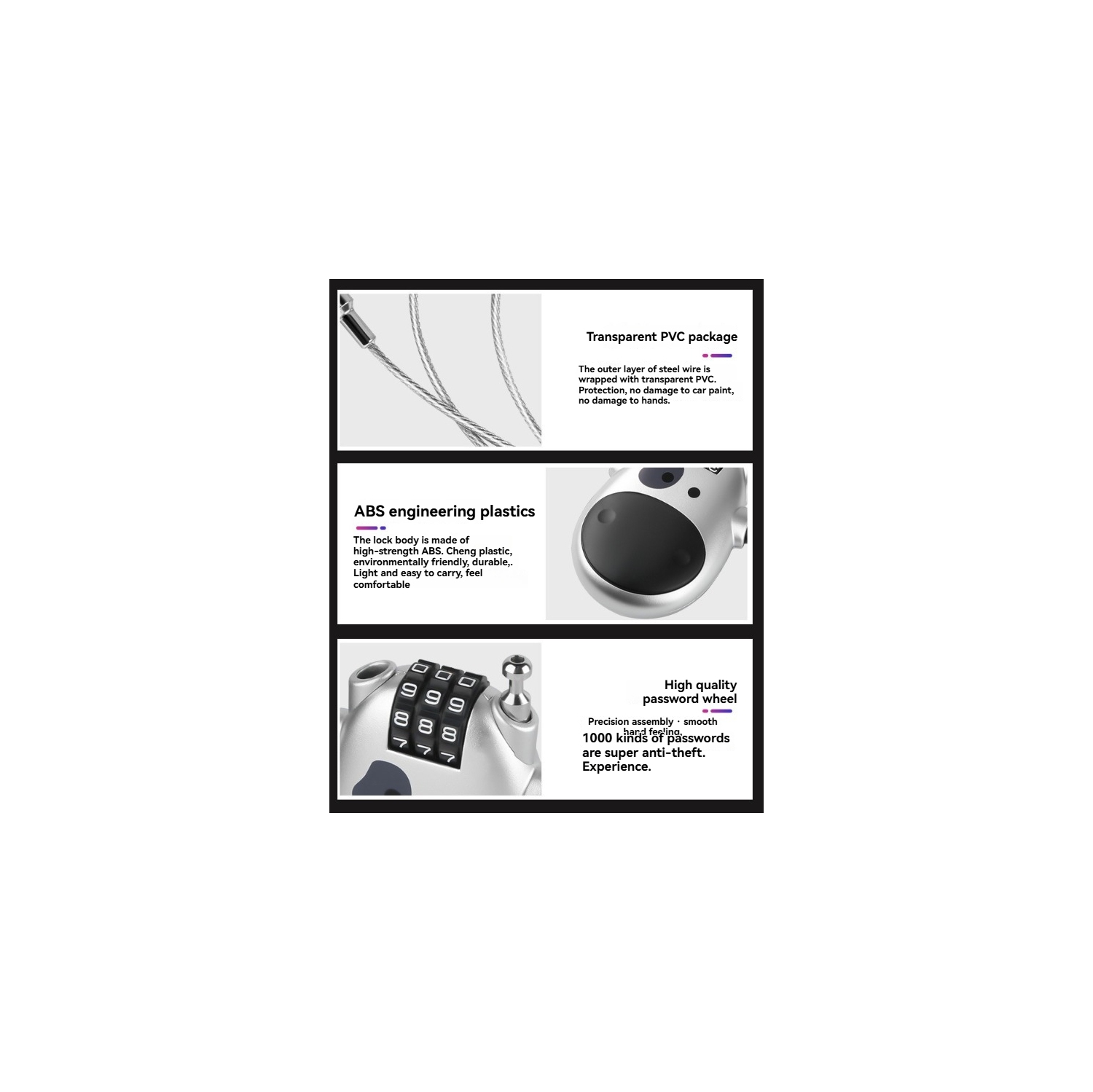 Three-digit password steel wire rope helmet lock, retractable cow lock, anti-theft motorcycle lock—black