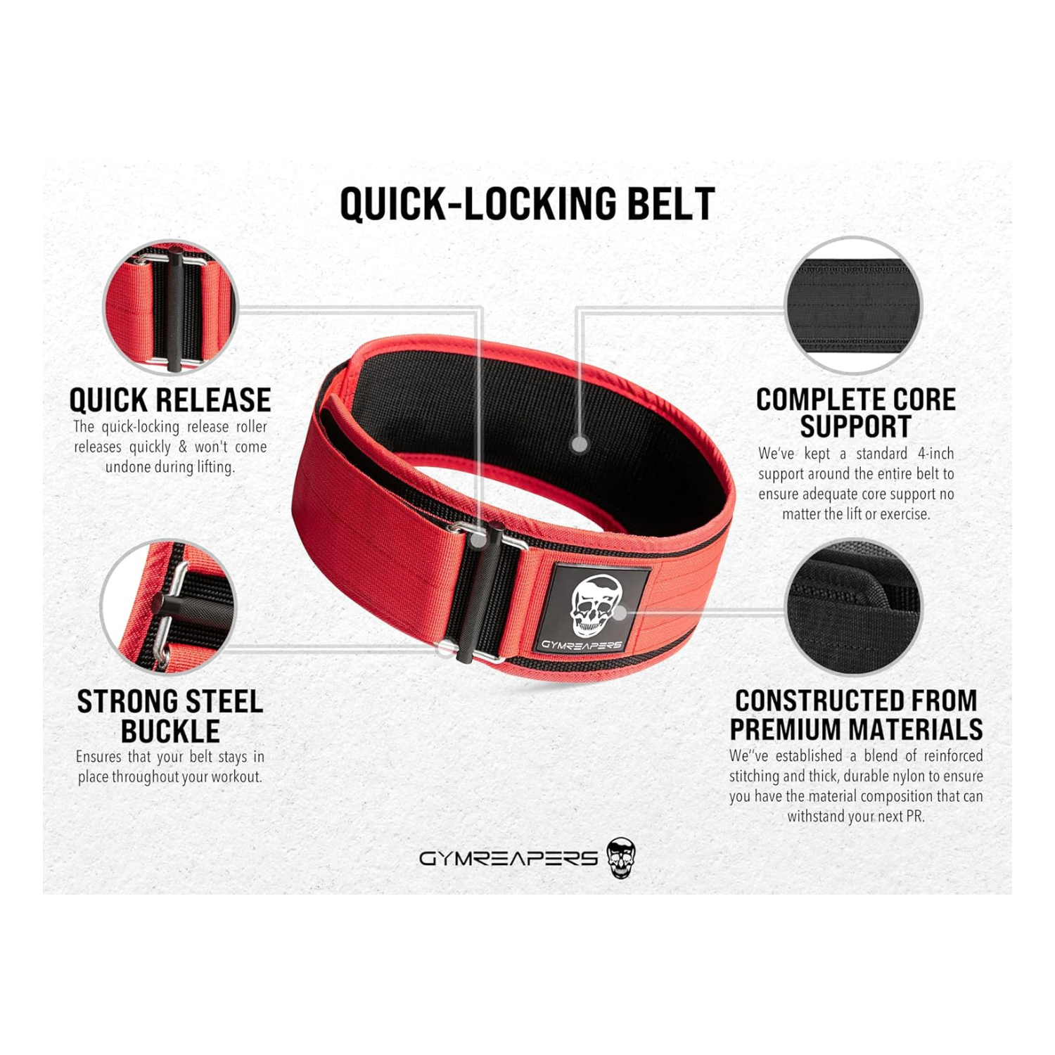 Gymreapers Quick Locking Weightlifting Belt for Bodybuilding, Powerlifting, Cross Training - 4 Inch Neoprene with Metal Buckle - Adjustable Olympic