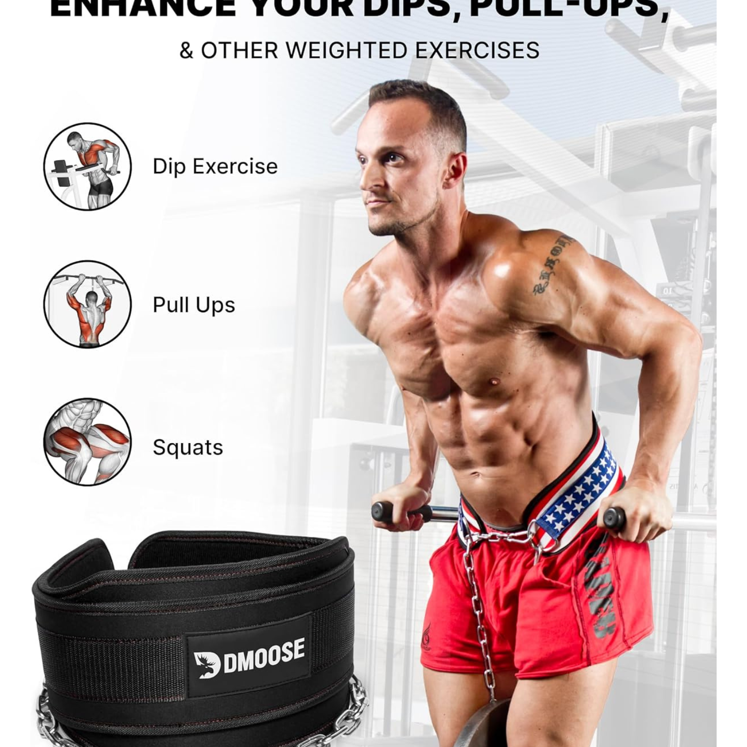DMoose Fitness Dip Belt for Weightlifting - Gym Weight Belt with Chain for Pullup, Squat, Powerlifting & Bodybuilding - Heavy Duty Steel with