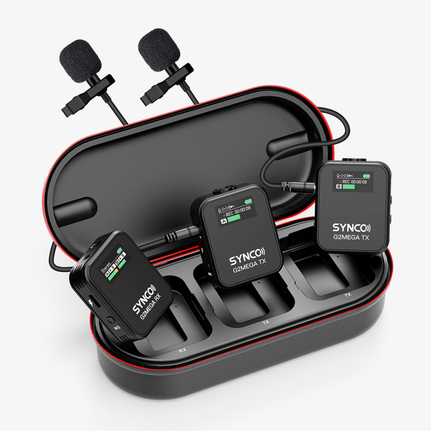 SYNCO Wireless Lavalier Microphone, G2A2 MEGA lav mic with Charging Case 8 GB Onboard Recording 24H 656ft Video Recording Streaming for