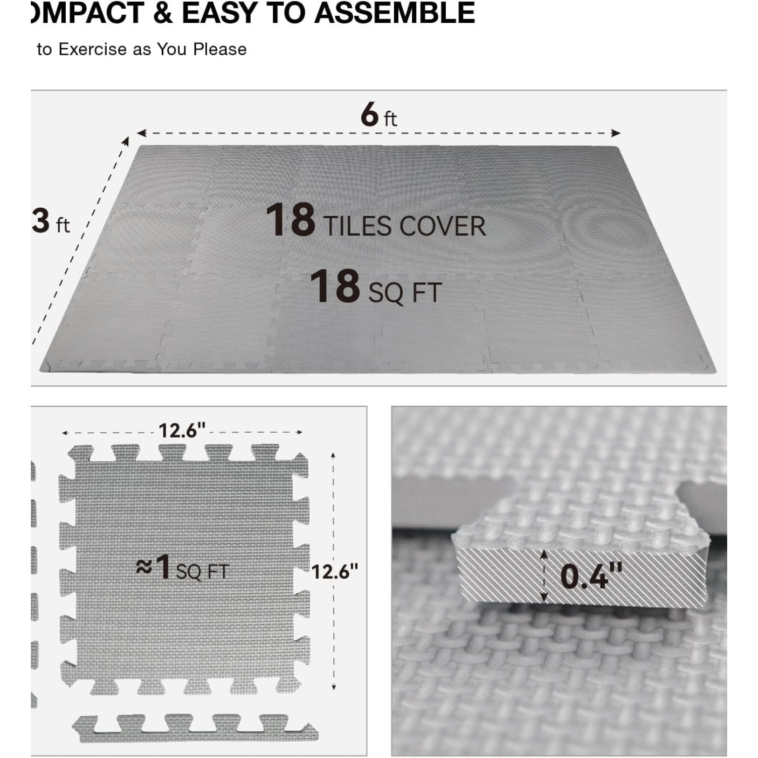 Mehiaz 18 Tiles Gym Floor Mat, EVA Foam Puzzle Gym Mat, High-Density Interlocking Foam Floor Tiles for Home Gym, Play Workout Garage Kitchen