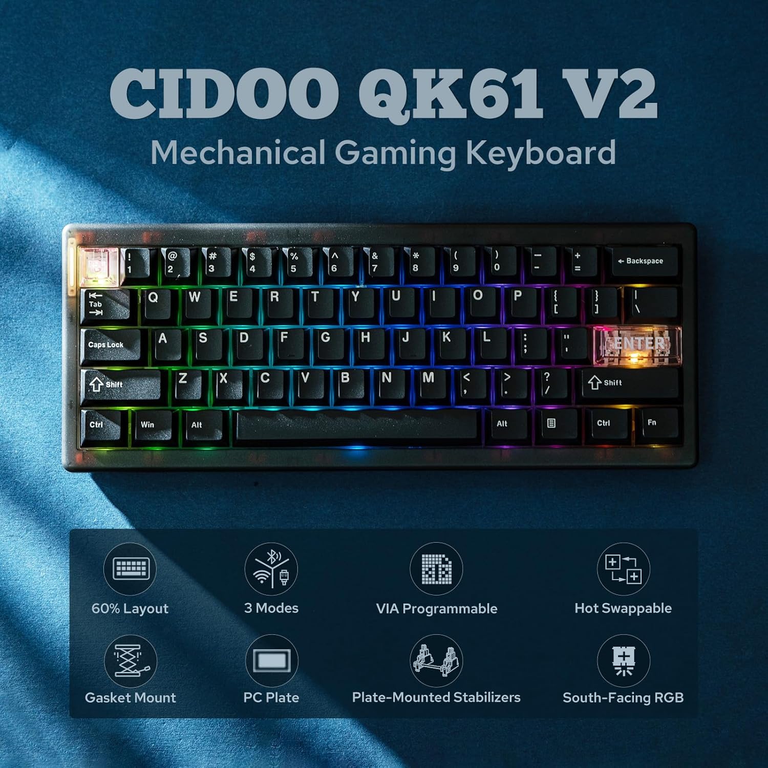 MechLands – CIDOO QK61 V2 PAR clavier programmable compact à 60 %, USB-C/BT5.0/2.4 GHz sans fil, clavier mécanique personnalisé remplaçable à chaud
