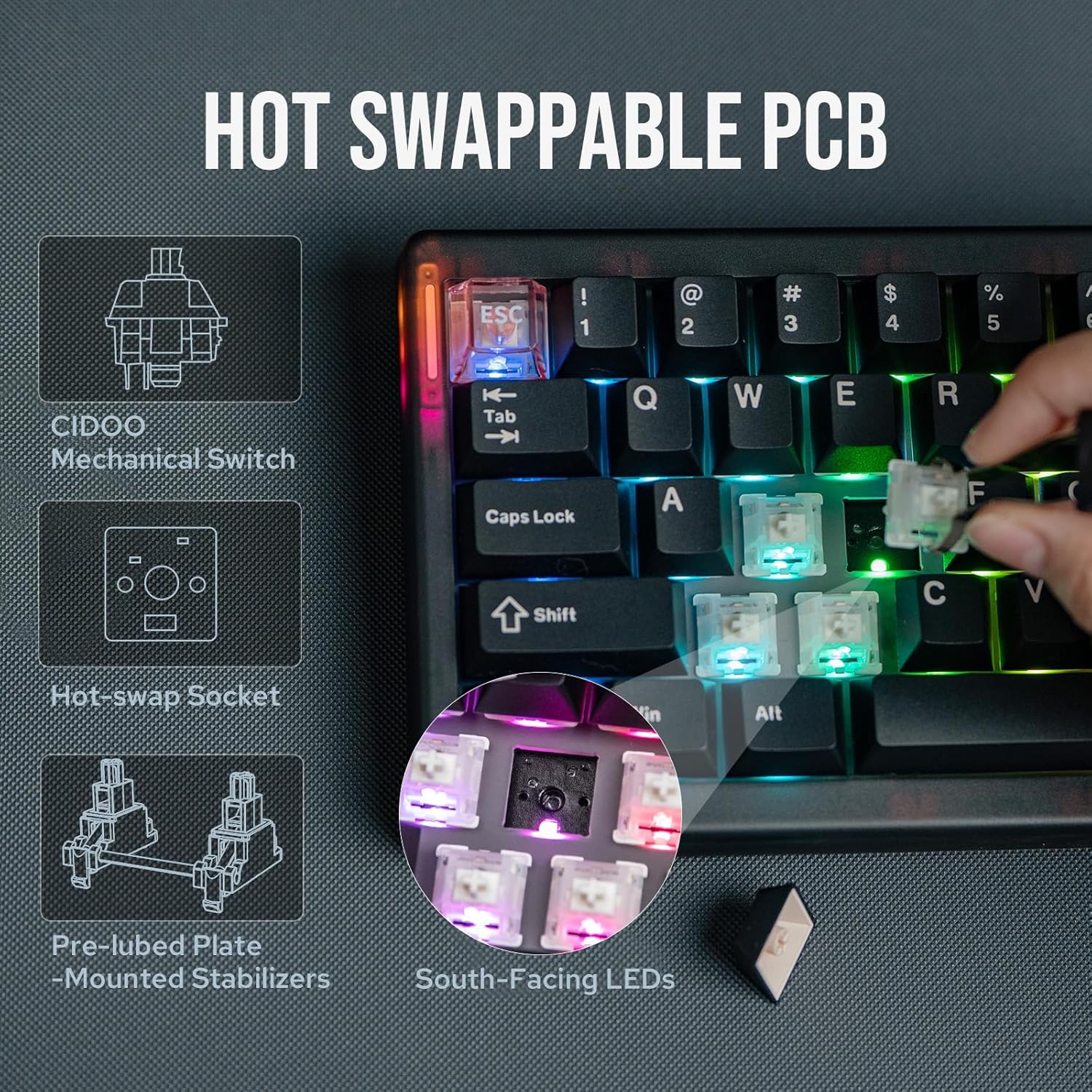 MechLands – CIDOO QK61 V2 PAR clavier programmable compact à 60 %, USB-C/BT5.0/2.4 GHz sans fil, clavier mécanique personnalisé remplaçable à chaud