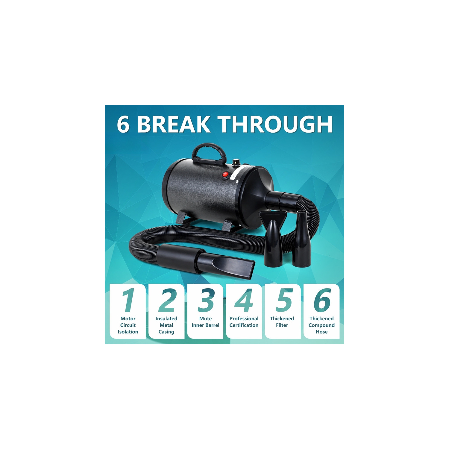 1200W high power professional pet hair dryer with adjustable speed and quiet function Insulated metal inner barrel Spiral heating wire outer shell