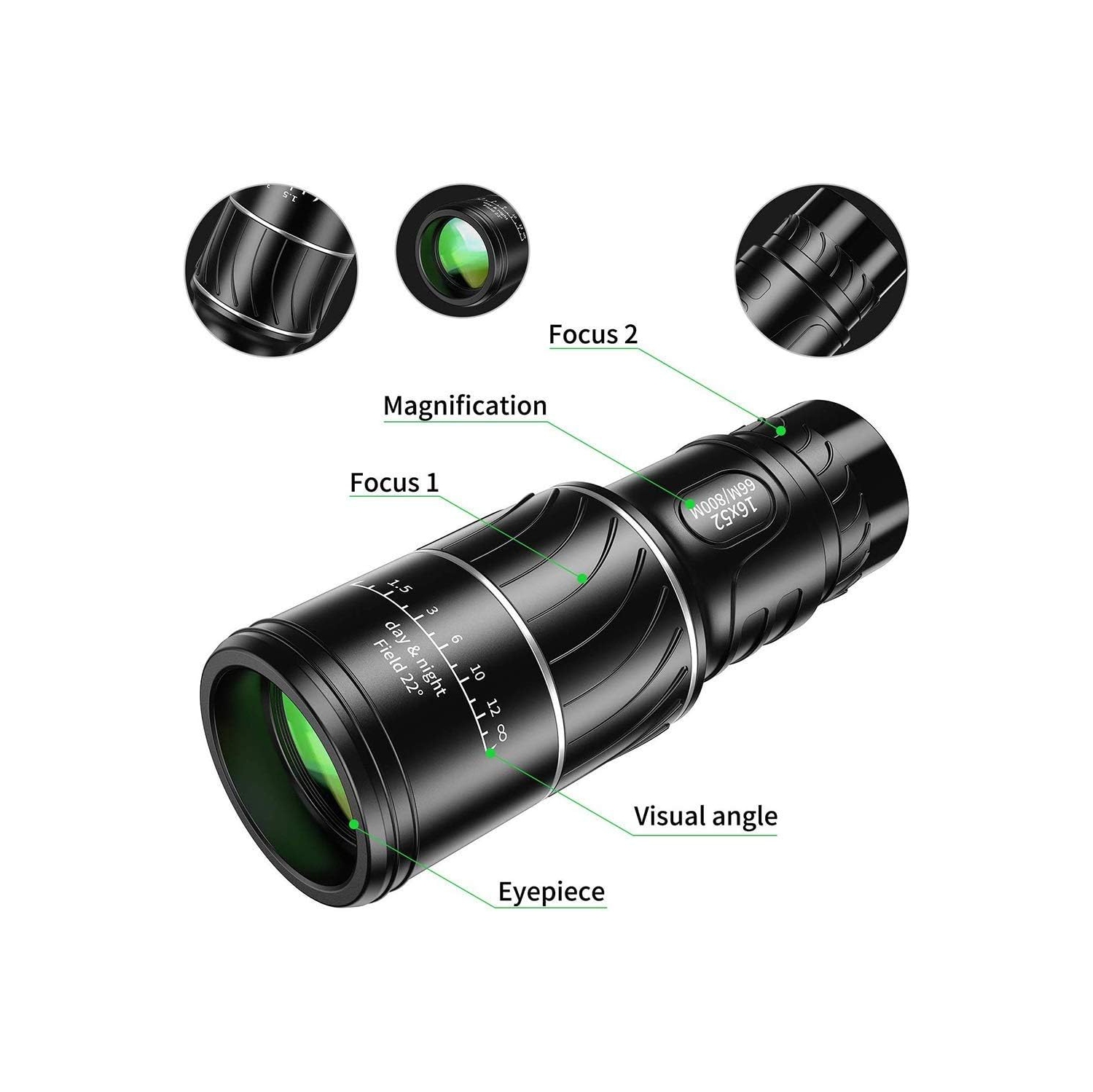 Monoculaire haute puissance 16X52 Télescope monoculaire compact étanche à double focale HD Télescope monoculaire de chasse
