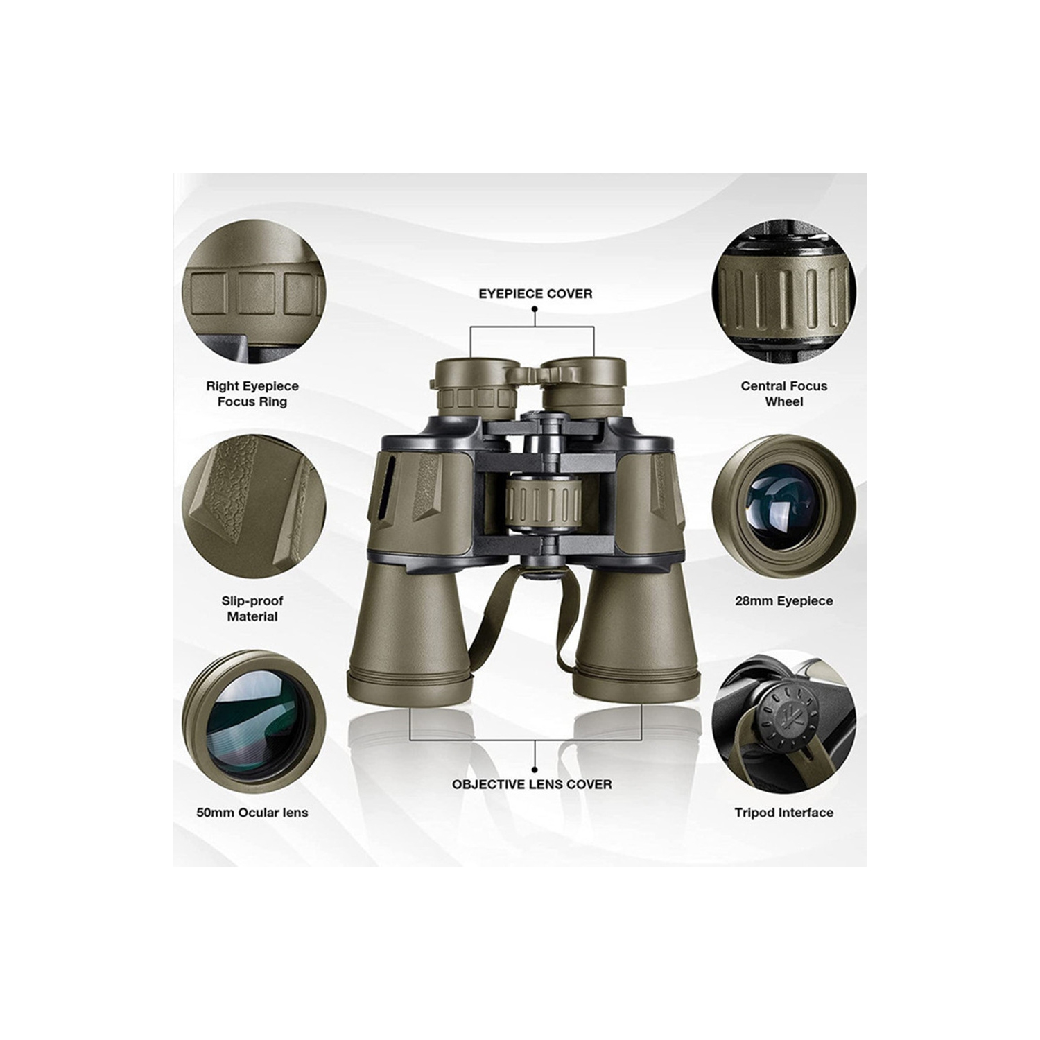 20x50 High Power HD Binoculars, Professional Military Compact Waterproof Binoculars, Outdoor Travel Binoculars - Khaki