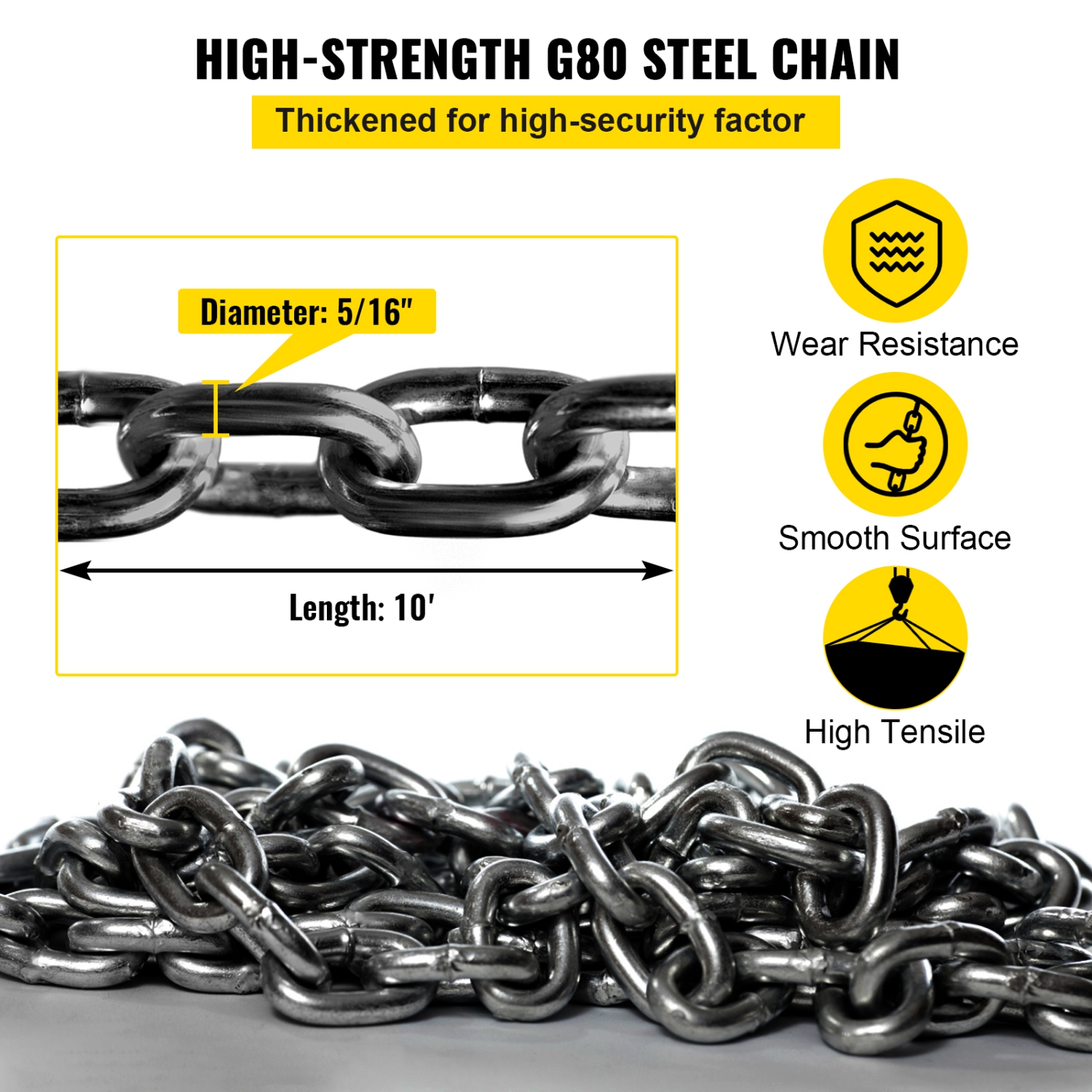 VEVOR 5/16 inch x 10 ft Lifting Chains with Hooks, G80 Engine Chain Hoist Lifts, 11000 lbs/5 Ton Capacity Lifting Sling Chains for Engine Hoist, Lift