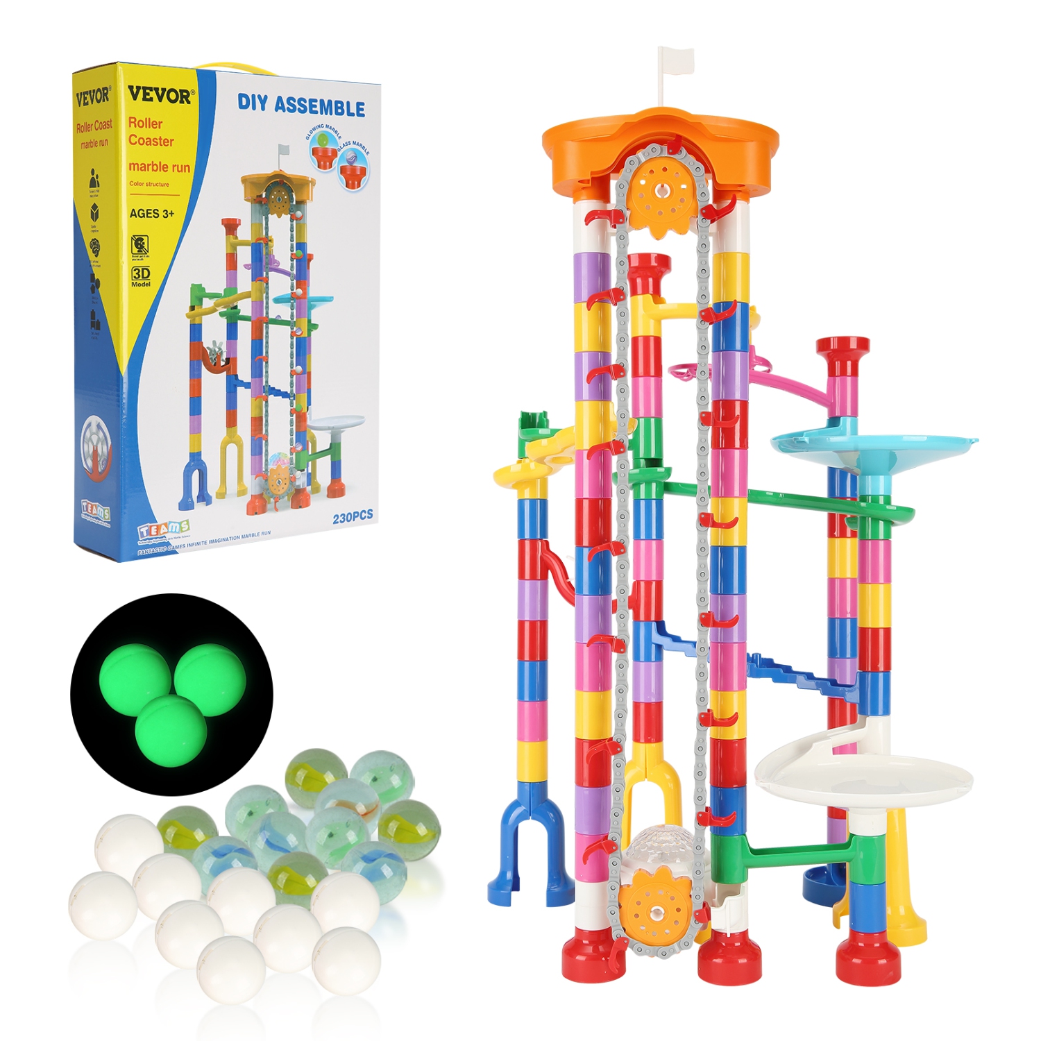 VEVOR 230 PCS Marble Run Set, with Motorized Elevator, with 15 Plastic Marbles, Maze Building Block Brain Game, Educational Learning Race Track STEM