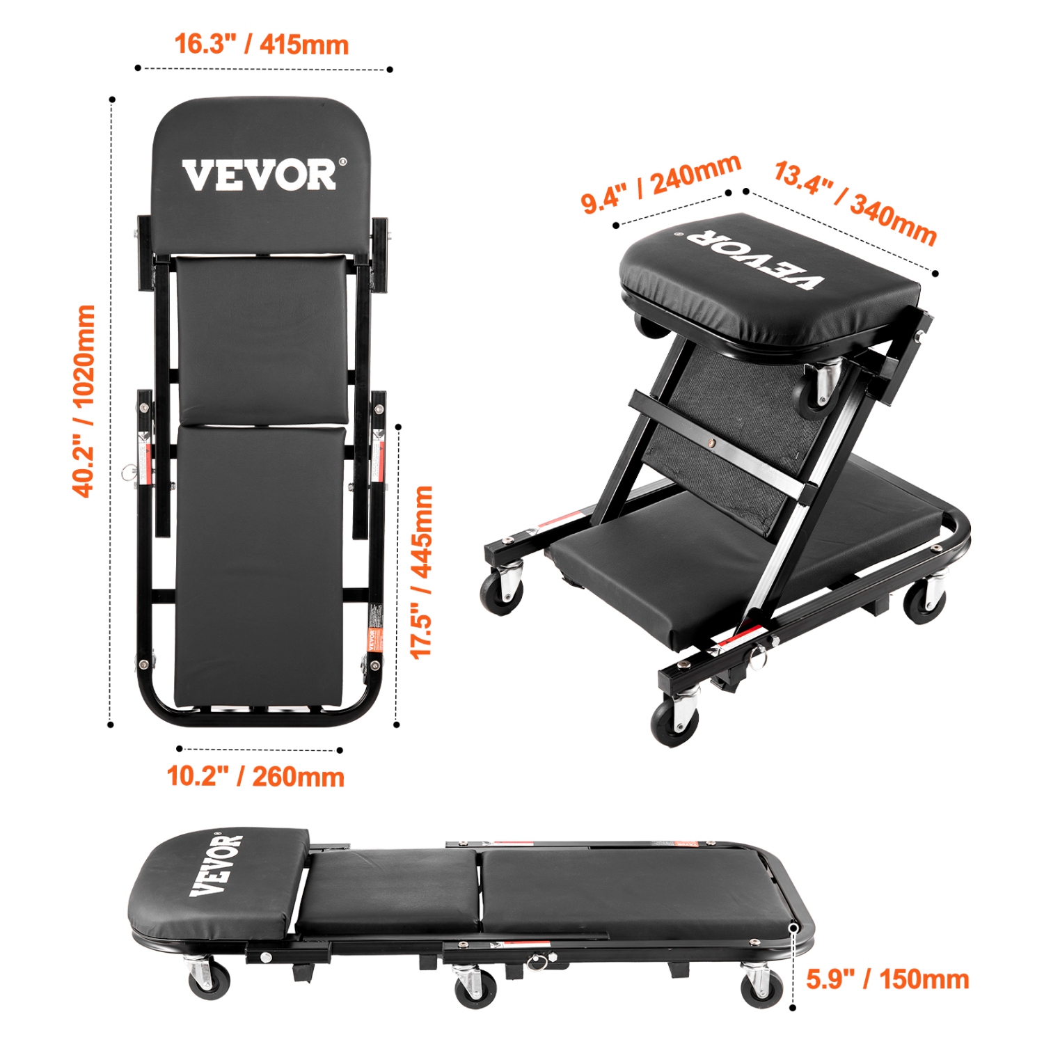Creeper de garage pliable VEVOR de 40&nbsp;po Z, tabouret rampant mécanicien pliant à roulettes 450&nbsp;lb, avec 6 roues universelles, cadre en