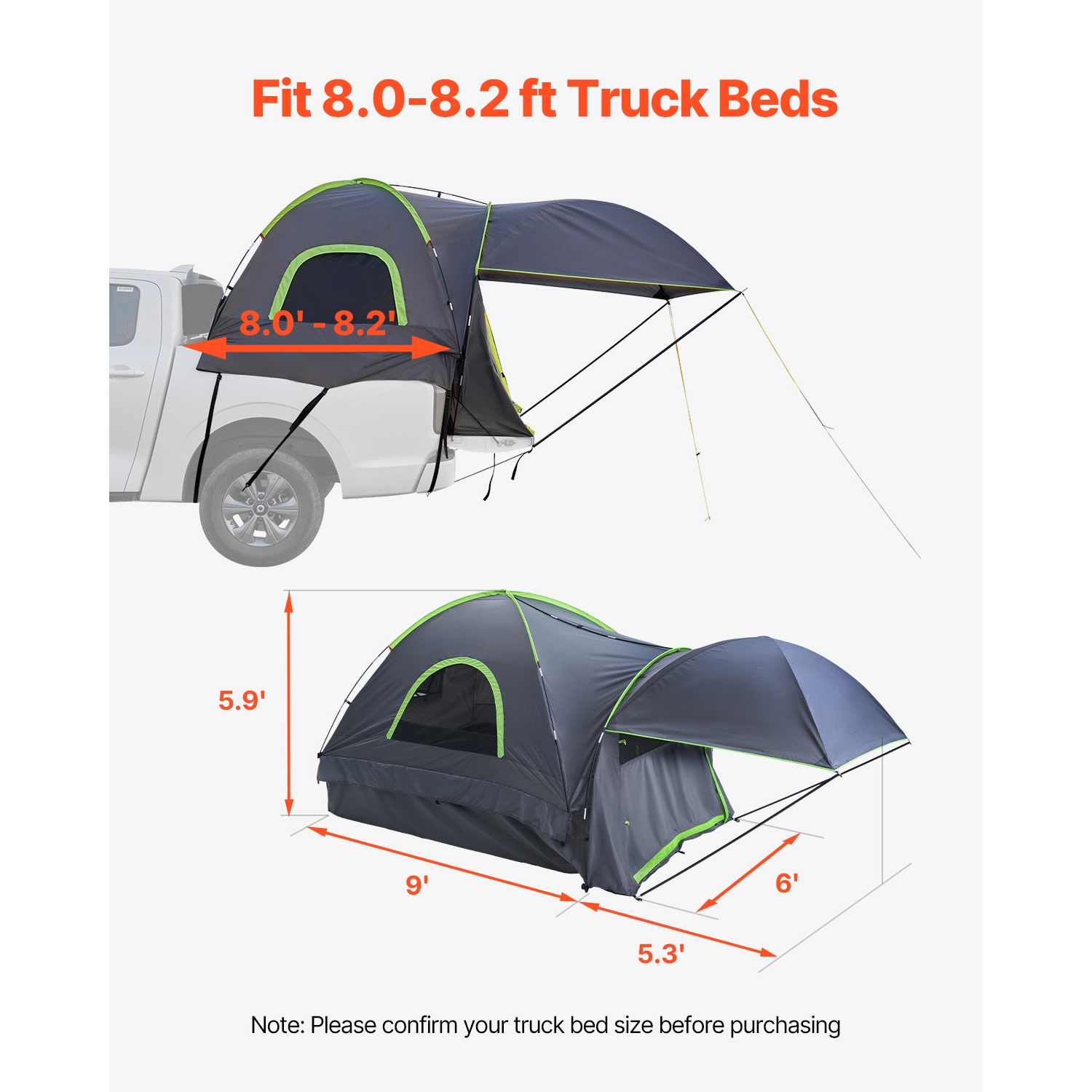 VEVOR 2-3 Person Pickup Truck Tent, Fits 8.0-8.2 ft Truck Tents for Camping, Waterproof PU2000 Sleeping Truck Bed Tent, Sturdy Truck Bed Camper Shell
