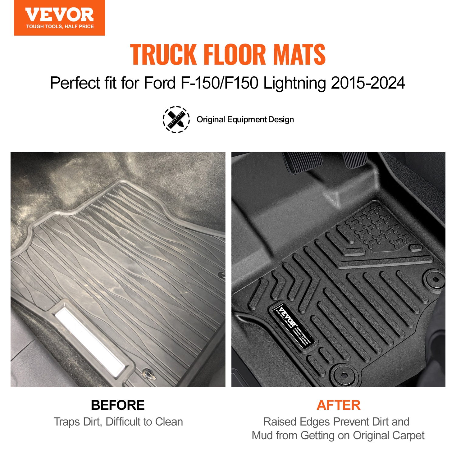 VEVOR Automotive Floor Mats, Fits for Ford F-150/F150 Lightning 2015-2024, 3 pcs Front and 2nd Row Liners, All Weather Custom Fit TPE Vehicle Floor