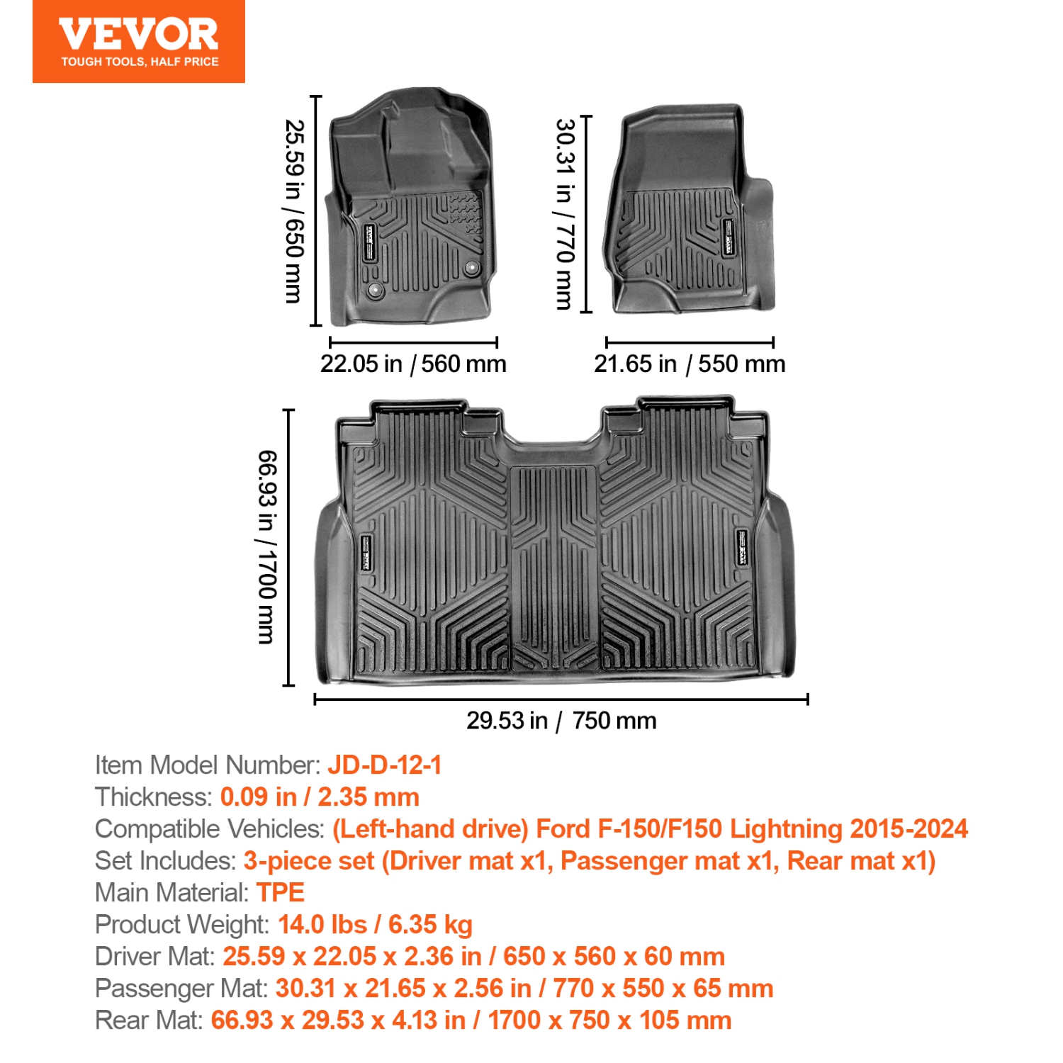 VEVOR Automotive Floor Mats, Fits for Ford F-150/F150 Lightning 2015-2024, 3 pcs Front and 2nd Row Liners, All Weather Custom Fit TPE Vehicle Floor
